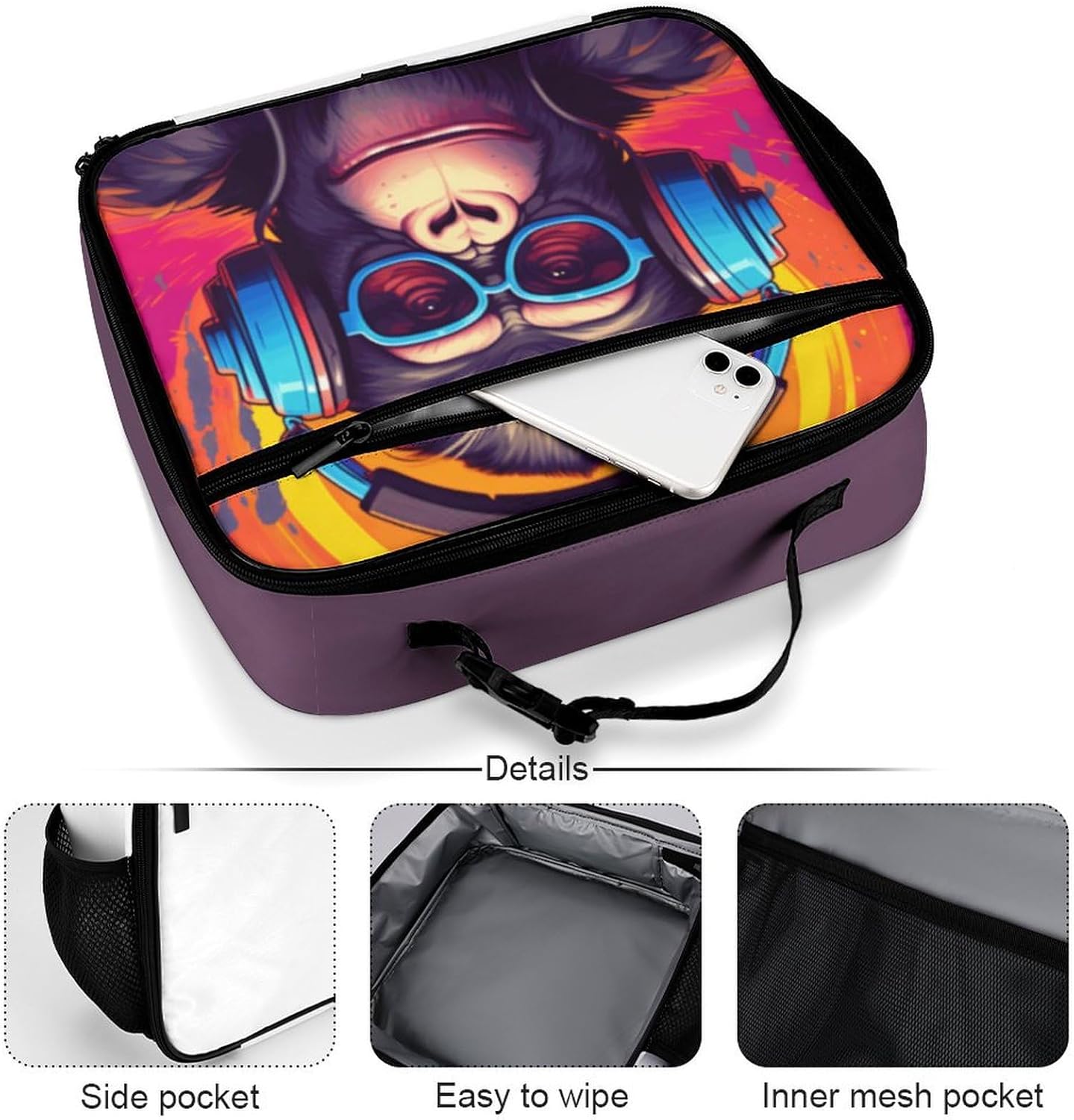 Cool Music Monkey Reusable Lunch Box Insulated Lunch Bag Cooler Bag Lunchbox Meal Food Container Tote Bag for Women Kids Girls Boy School Camping Hiking Picnic Beach Travel