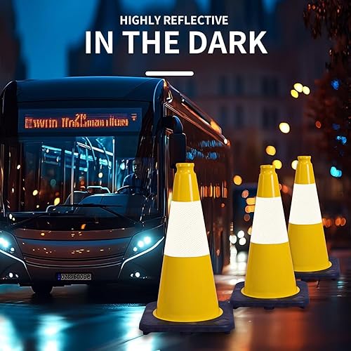 Miniatura 5 de BESEA Paquete de 4 conos de tráfico amarillos de 12 pulgadas con collar reflectante de 4 pulgadas, conos de seguridad de PVC resistentes con base de