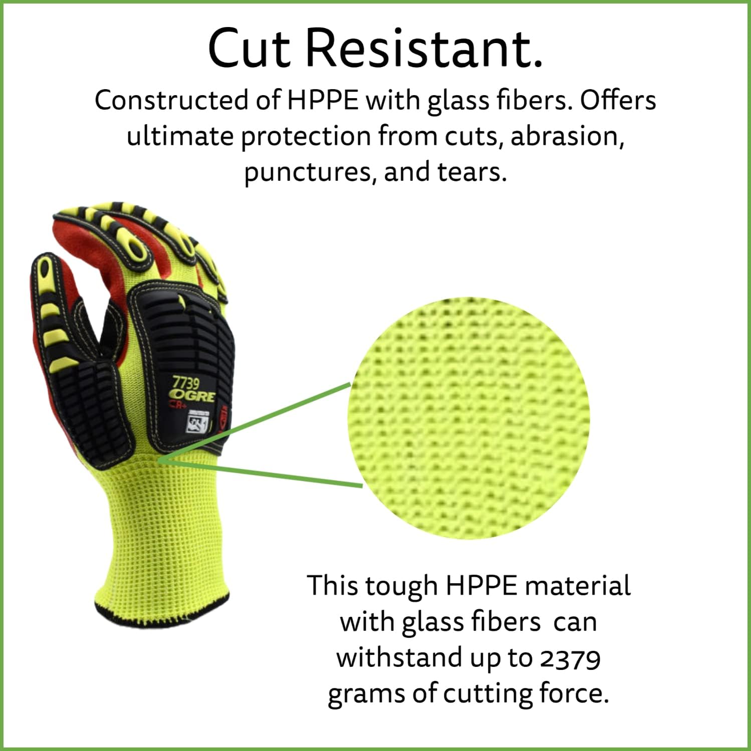 Cordova 7739 Hi-Vis Yellow Cut-Resistant Gloves, HPPE/Glass Fiber, Sandy Nitrile Palm Coating, Foam Padding, 13-Gauge, Anti-Cut, Aramid Thumb Crotch, TPR Impact Protection, Medium