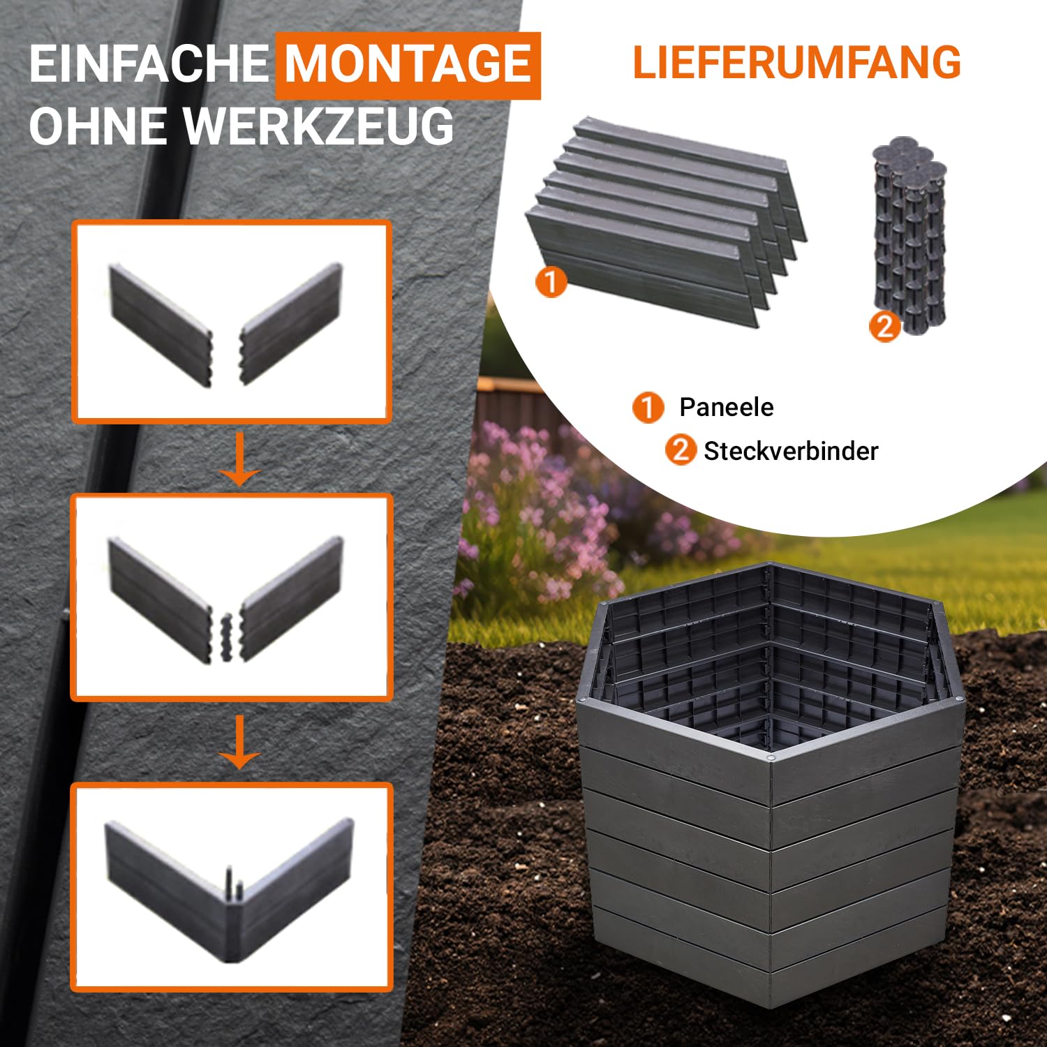 Garantia Ergo Hochbeet Stony L 75 ergonomisches Hochbeet Kunststoff | sechseckig anthrazit für Garten Gemüsebeet Kräuterbeet Pflanzenbeet dekorative Steinoptik wetterfest modular steckbar