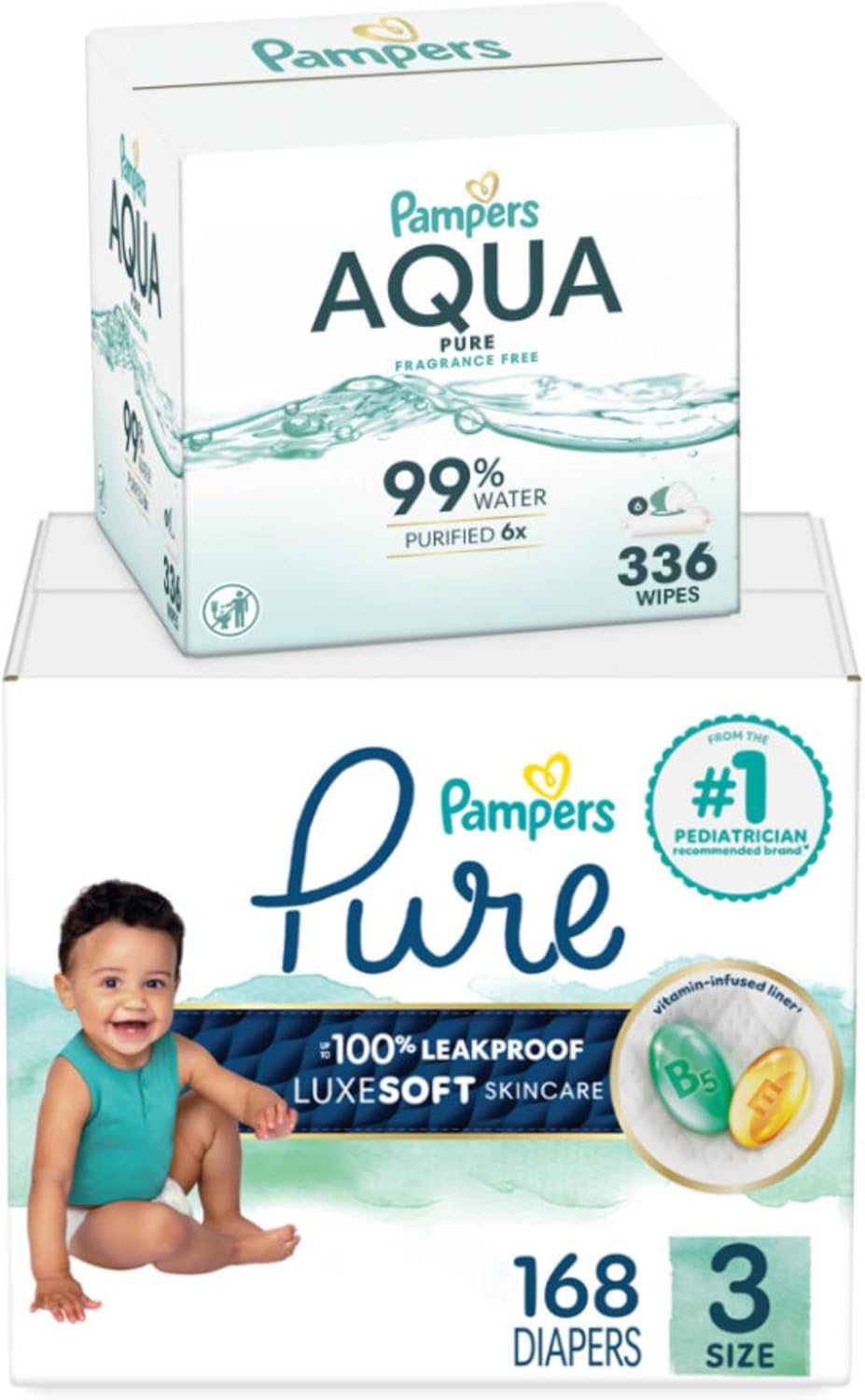 Pampers Pure Protection Disposable Baby Diapers Size 3, One Month Supply (168 Count) with Aqua Pure Baby Wipes, 6X Pop-Top Packs (336 Count)