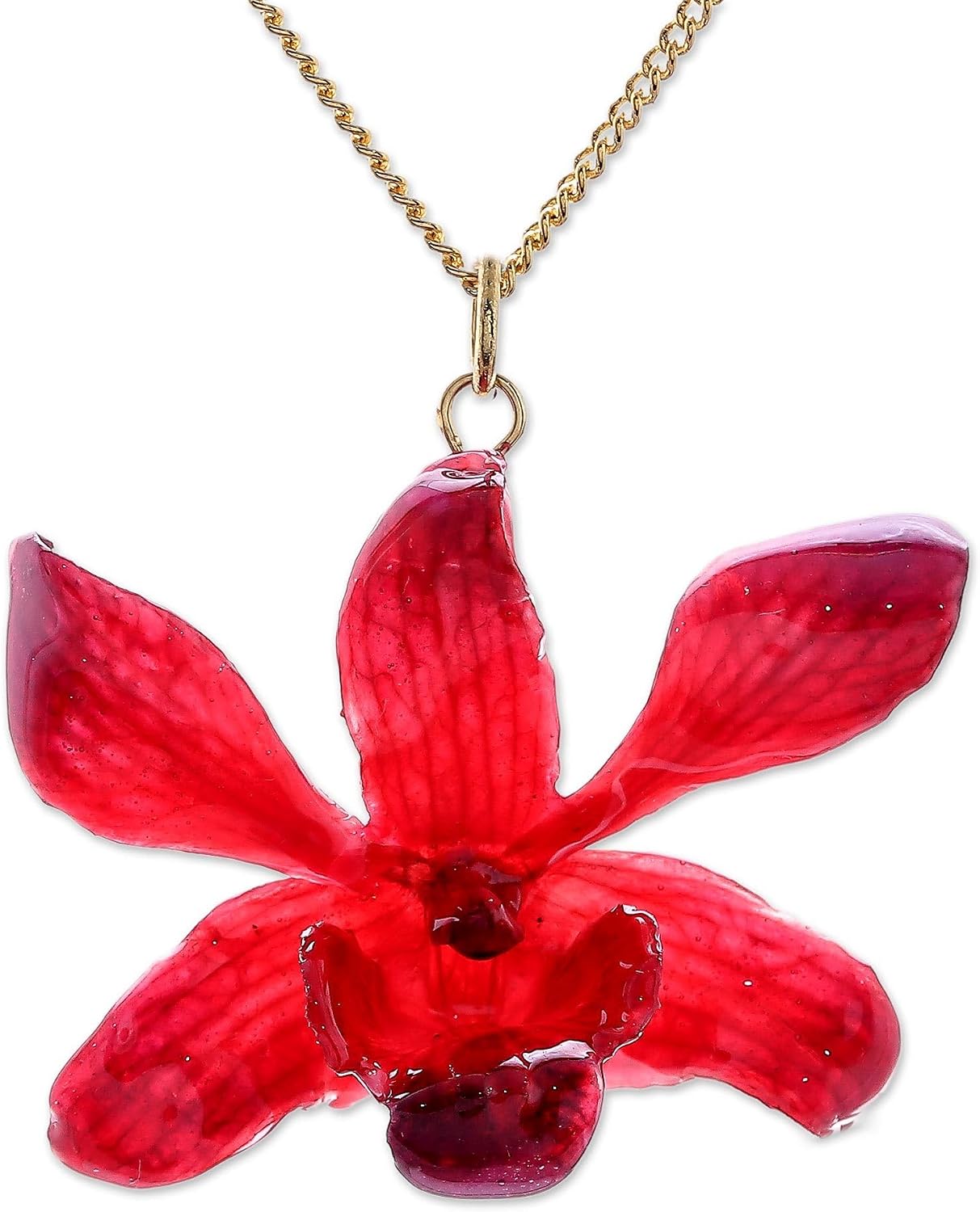 NOVICA Artisan Handmade Gold Accented Natural Orchid Pendant Necklace Redpurple Plated Flower Leaf Thailand Floral [necklace Length 18.5 in L Necklace Width 2 mm W Pendant(s) 1.2 in L x 1.6 ]
