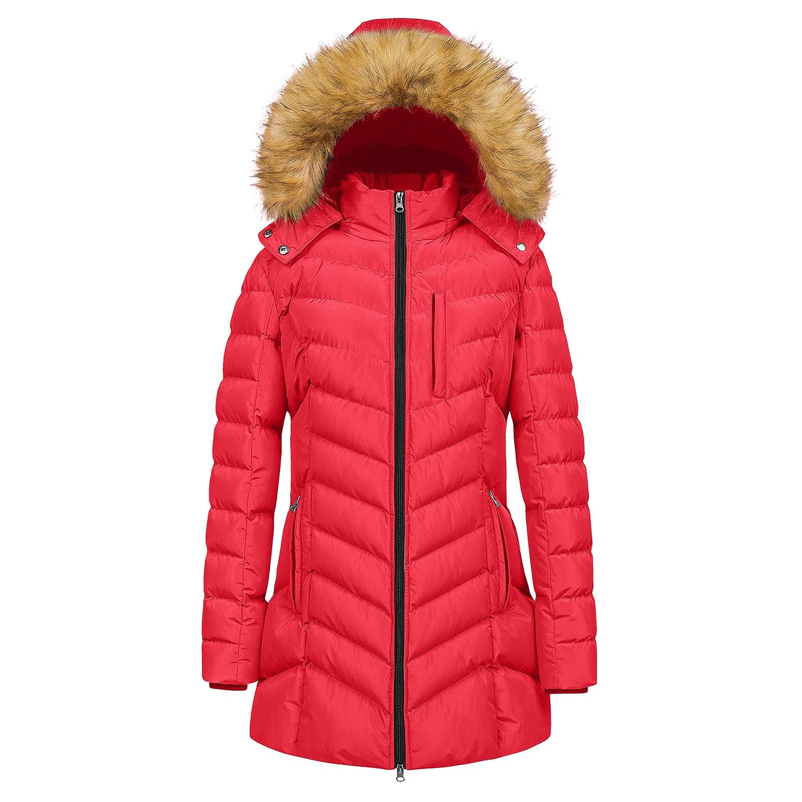 BUKKNYE Womens Winter Coats Women Parka Coat Winter Warm Jacket Fleece Lined Thick Coat with Removable Faux Fur Hood Windproof Outerwear Red