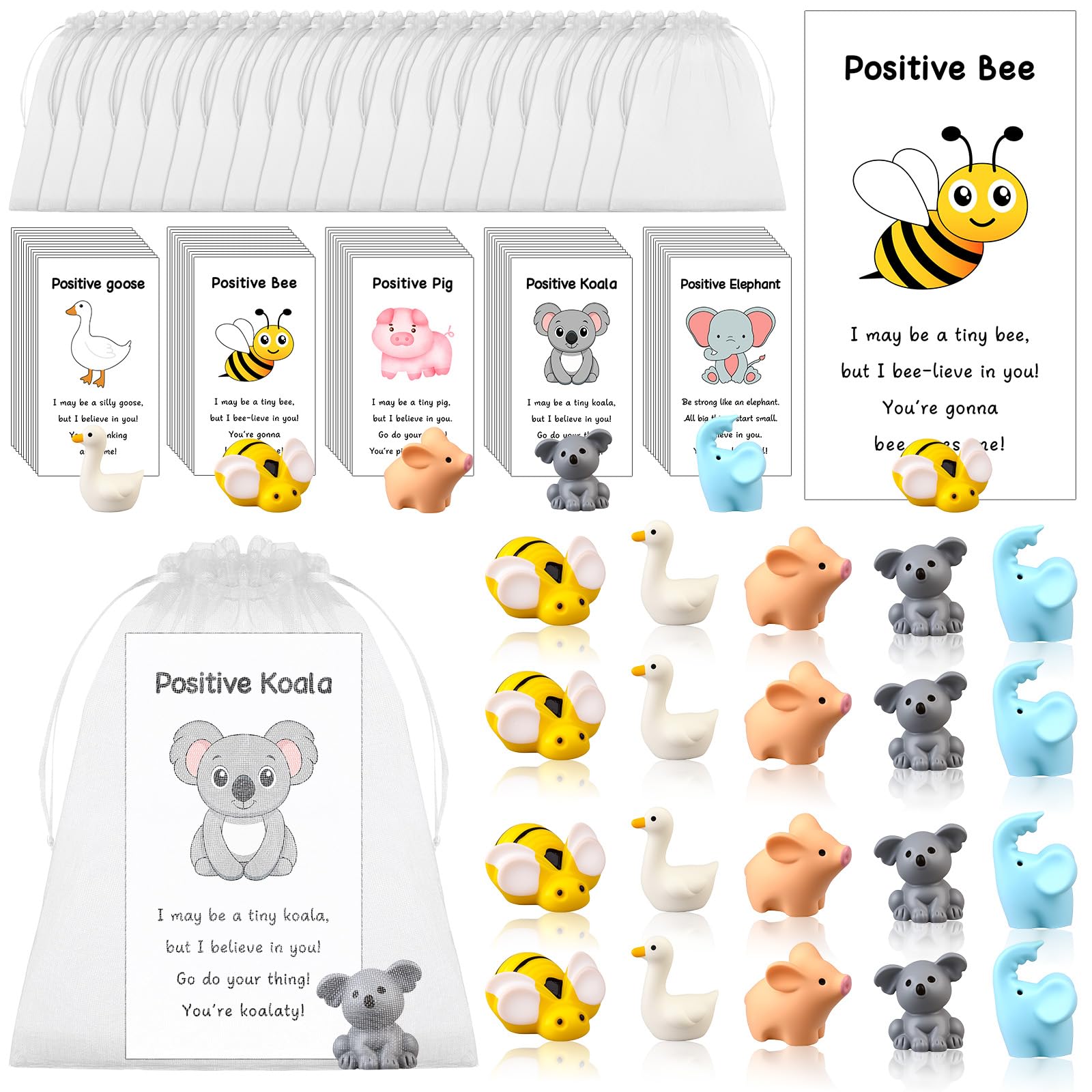 30 Sets Employee Appreciation Gifts Bulk Mixed Animal Resin Bee Goose Pig Elephant Koala Pun Inspirational Cards Thank You Gifts for Coworker Nurse Teacher Coworker Volunteer Office