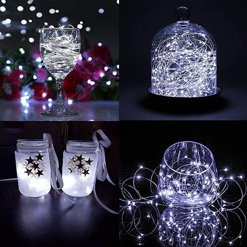 Miniatura 8 de 4 luces de hadas que funcionan con pilas, cadenas de alambre plateado, 8 modos de 16.4 ft, 50 luces LED, temporizador con control remoto para