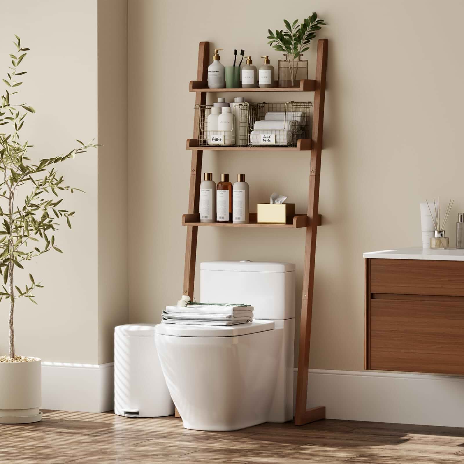 Over The Toilet Storage Shelf Wood, 3-Tier Above Toilet Organizer Rack, Freestanding Above Toilet Shelf for Bathroom, Laundry, Space Saver, Walnut Color. Floor Mount