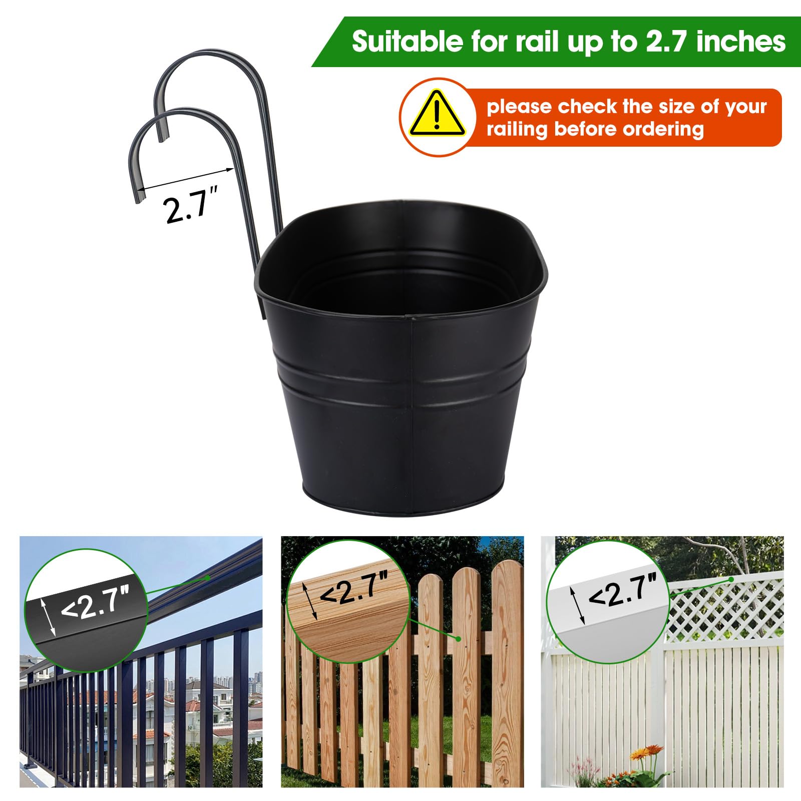 Fioriera per ringhiera, 40,6 cm, grande, da appendere, per piante da esterno, confezione da 3 | Fioriere da balcone con ganci larghi staccabili per ringhiere da 6,9 cm, per decorazione di terrazze, recinzioni e patio