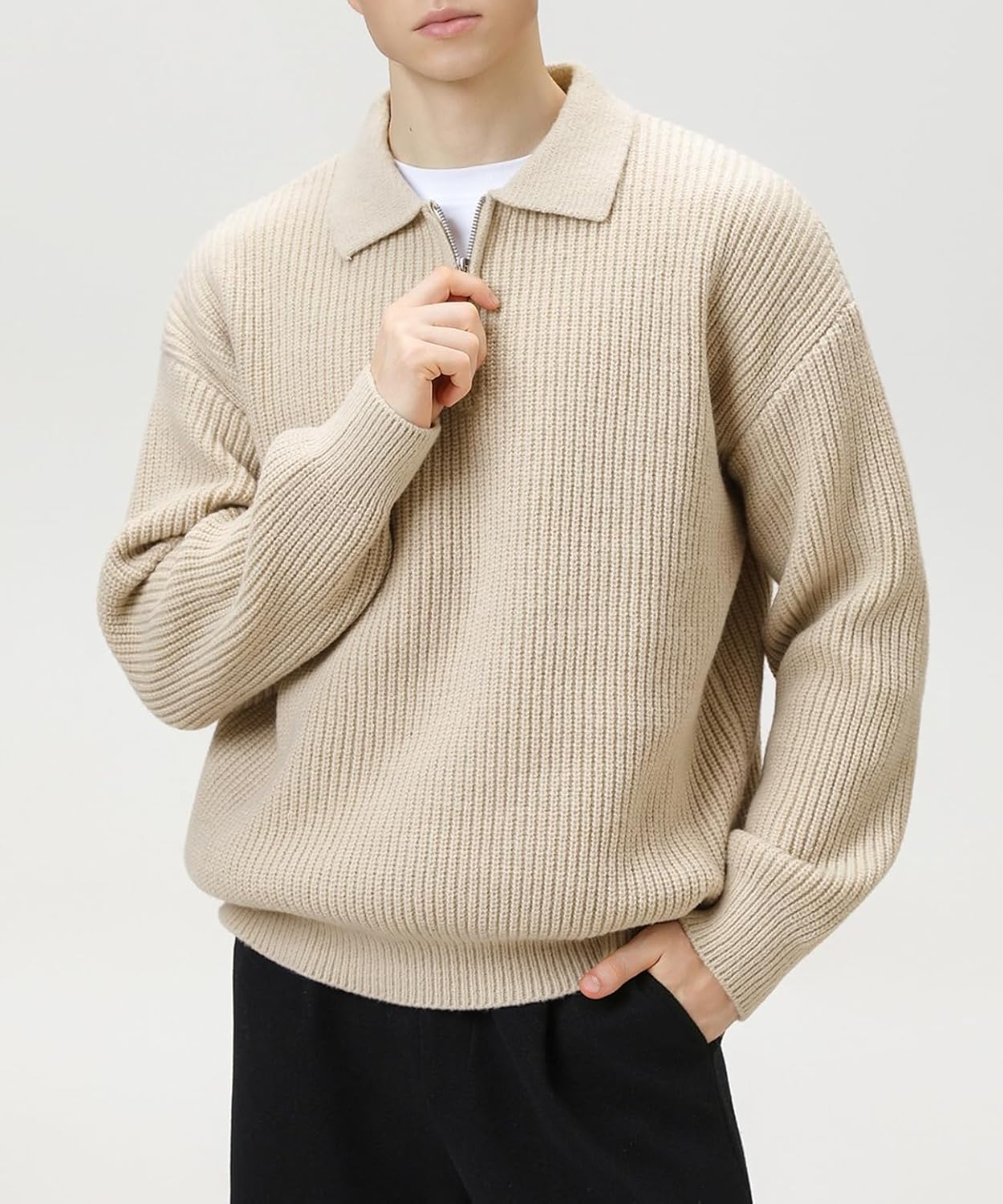 POHADON Men Quarter Zip Up Collared Neck Sweater Vintage Aesthetic Chunky Grandpa Grunge Clothes Fall Winter Korean Fashion - Image 2