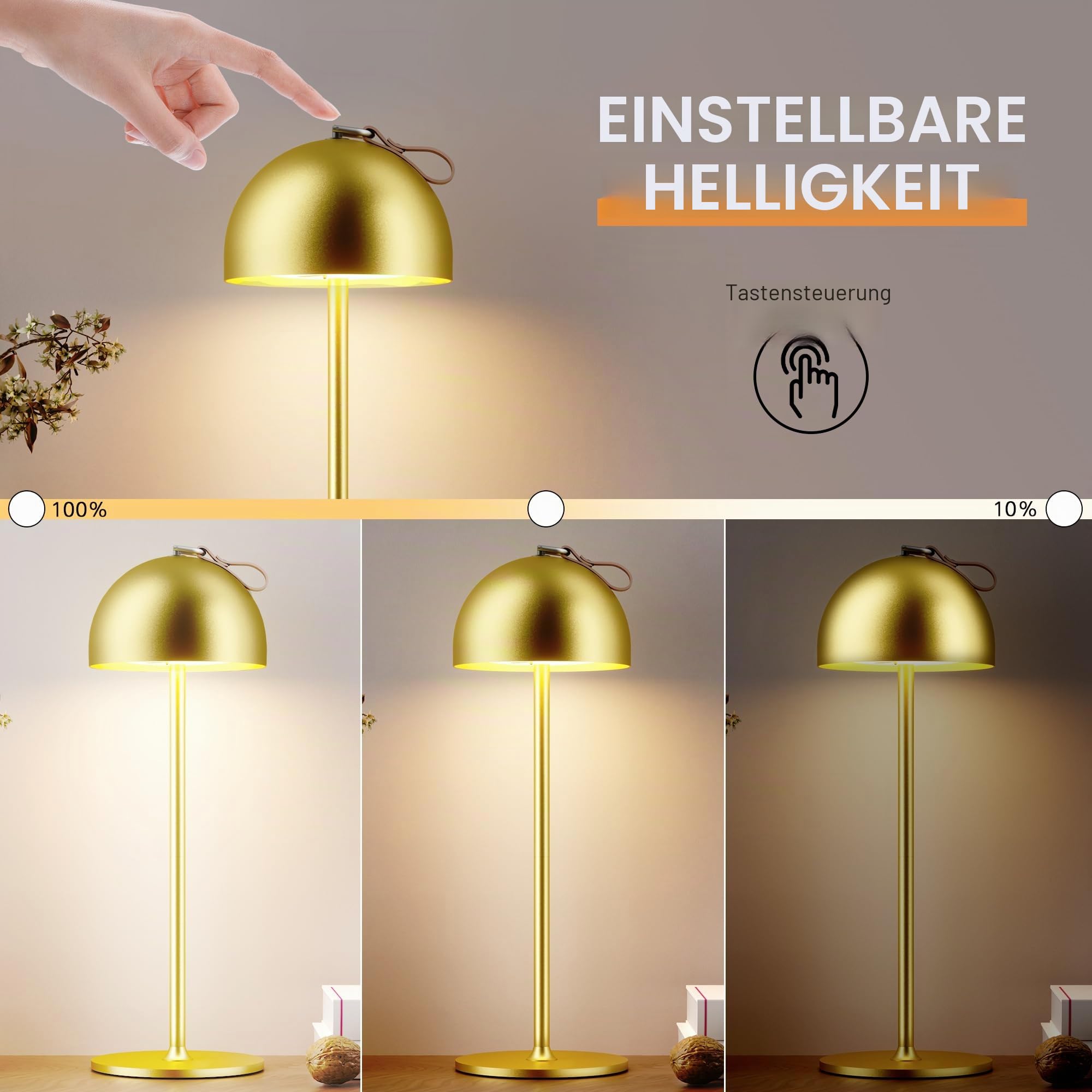 DEELUX 2 Stück Akku Tischlampe Kabellos Dimmbar,3000K Metall IP44 Gold | IP44 Wasserdicht USB-C Metall Akku Tischleuchte Warmweiß 3000K Höhenverstellbar für Restaurant, Schlafzimmer, Büro,Garten