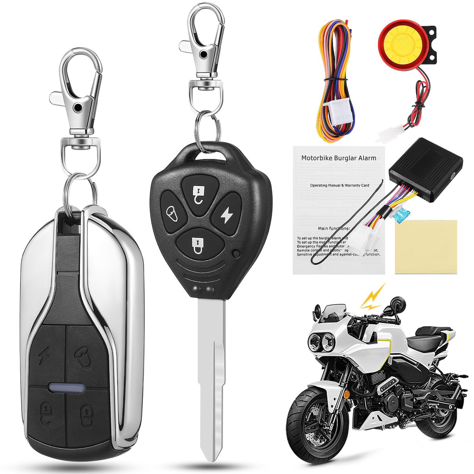 Allarme Antifurto Moto 315mhz in Abs, Set Nero con Batteria | Telecomando Incluso, Avvio Remoto e Rilevamento Veicolo, a Riposo ≤3.5ma, per Scooter