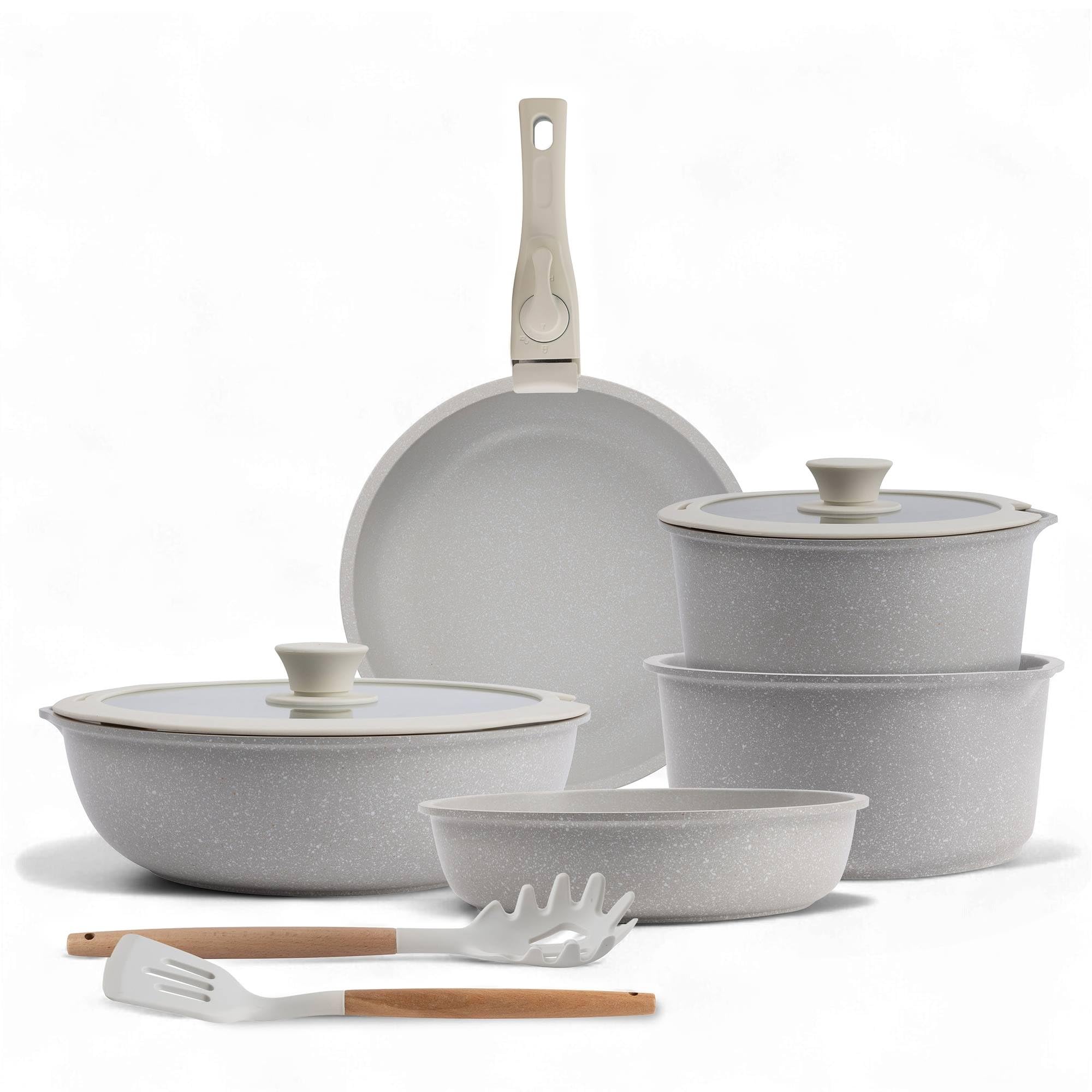 Kochgeschirr-Set, 10-teilig, Beige/abnehmbarer Griff, 3 Pfannen, 2 Töpfe, Deckel und Utensilien + 3-teiliges Küchenhelfer-Set aus Silikon und Holz