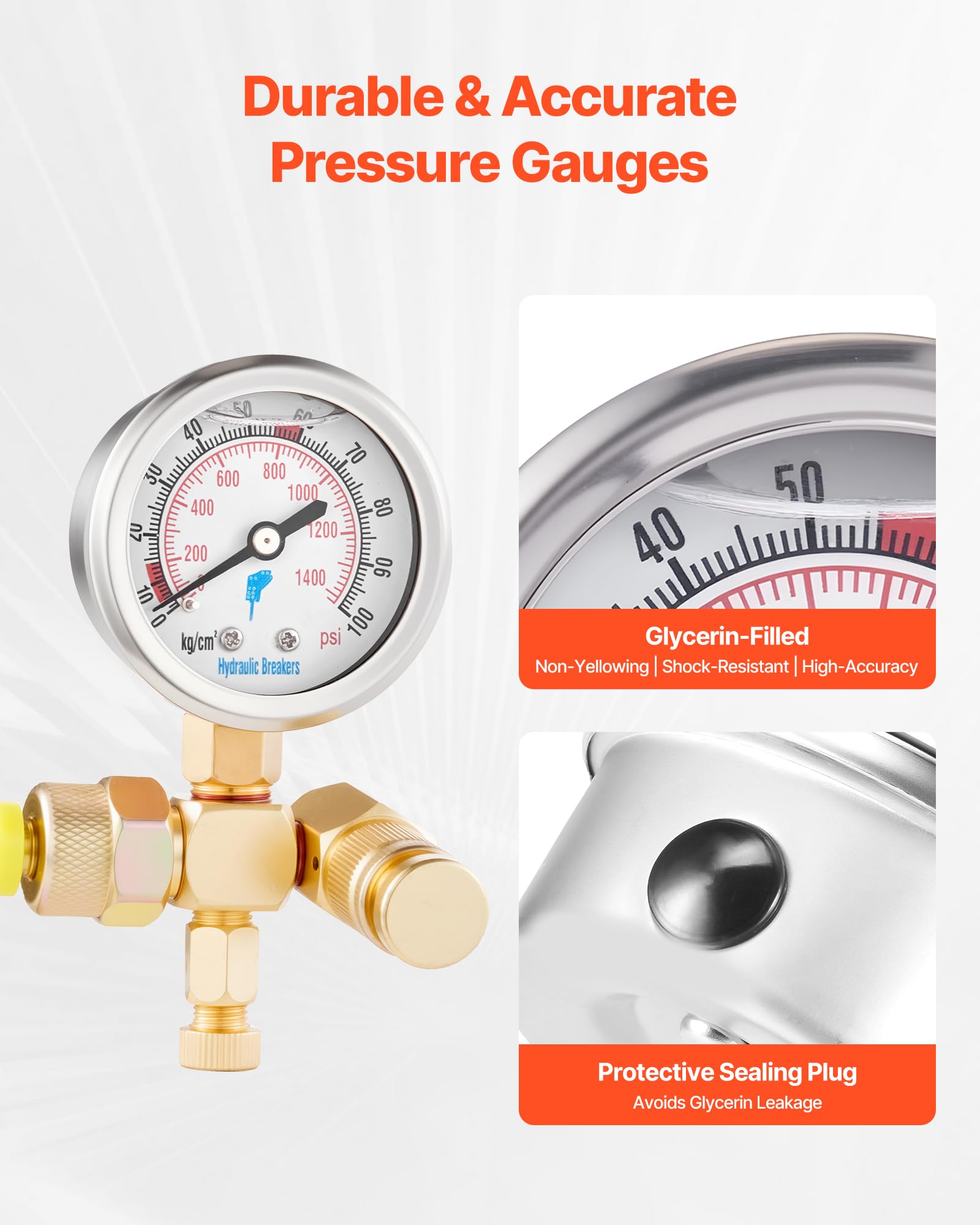 VEVOR Kit de Gonflage d'Accumulateur d'Azote Hydraulique 0-1420 PSI, Coffret Test de Pression avec 1 Manomètre, 1 Tuyau de Gaz, 1 Corps de Vanne et 1 Adaptateur CGA580, pour Construction Chantier