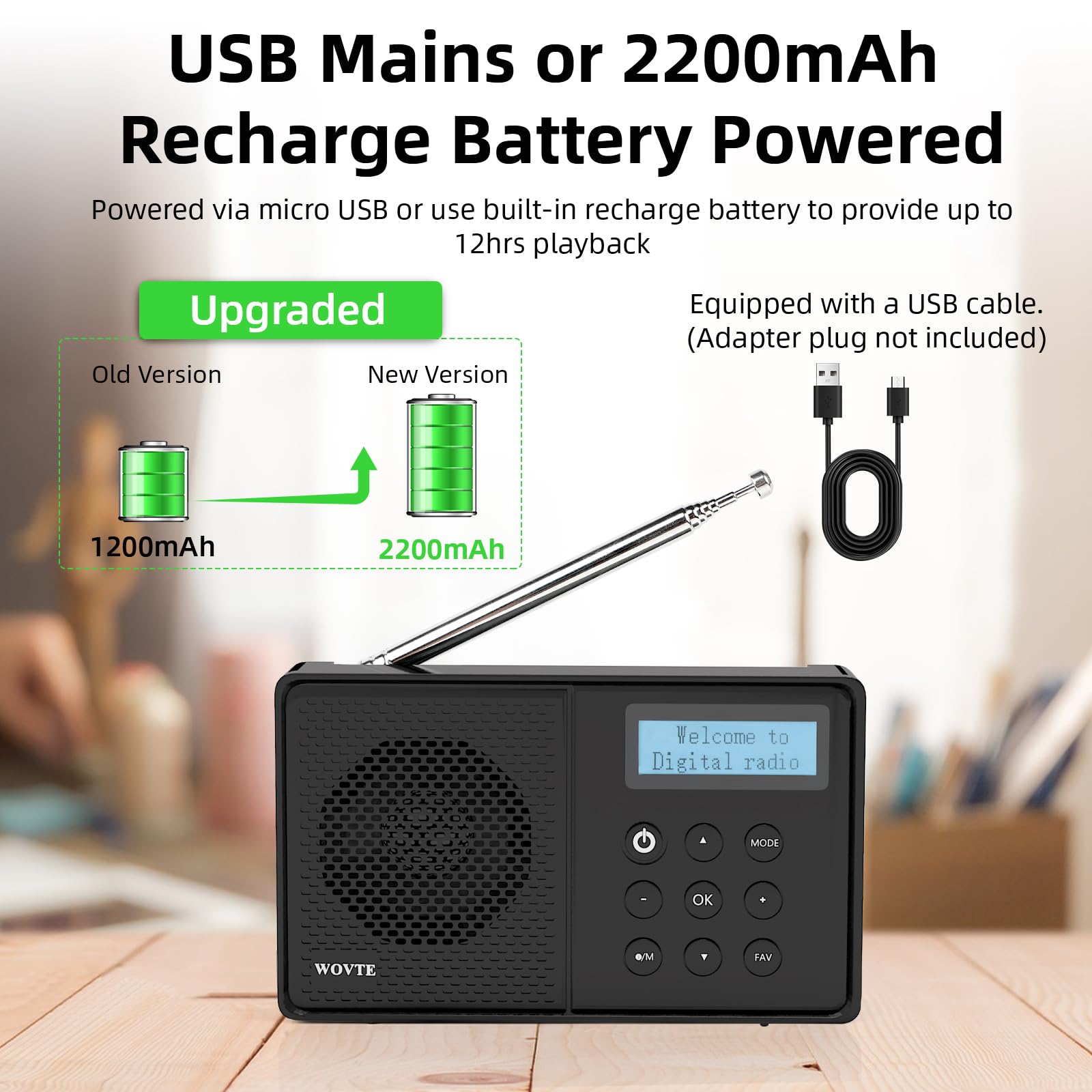 WOVTE DAB+ Digital Radio - Portable, Rechargeable & Mains Powered with Bluetooth, 40 Presets, LED Display, Alarm Clock, Sleep Timer & Headphone Socket — view 3