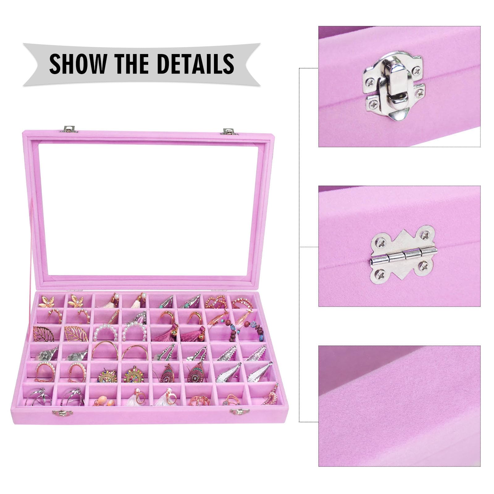 Siveit Bandeja organizadora de joyas con 48 rejillas (48 rejillas, rosa)
