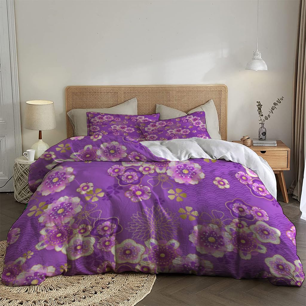 NIBAINLO 布団カバー中国風の紫ピンクの春の花と梅の花 肌に優しい ピーチスキン加工 掛け布団カバー 和式 洋式 あったか 布団カバーセット リバーシブル ホームステイ ホテル 家庭兼用