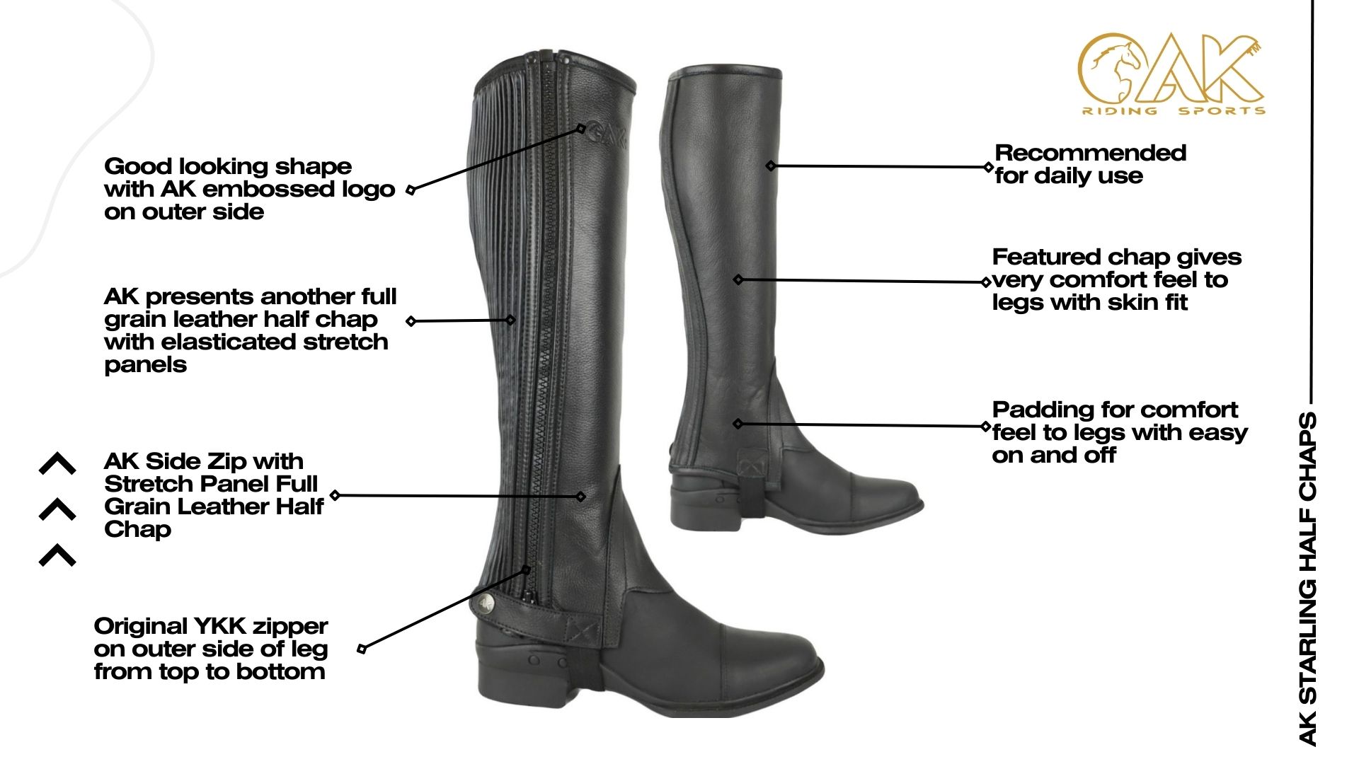 AK Side Zip With Stretch Panel Full Grain Leather Horse Riding Half Chaps AKRS-1022, Protective Gear - Canada