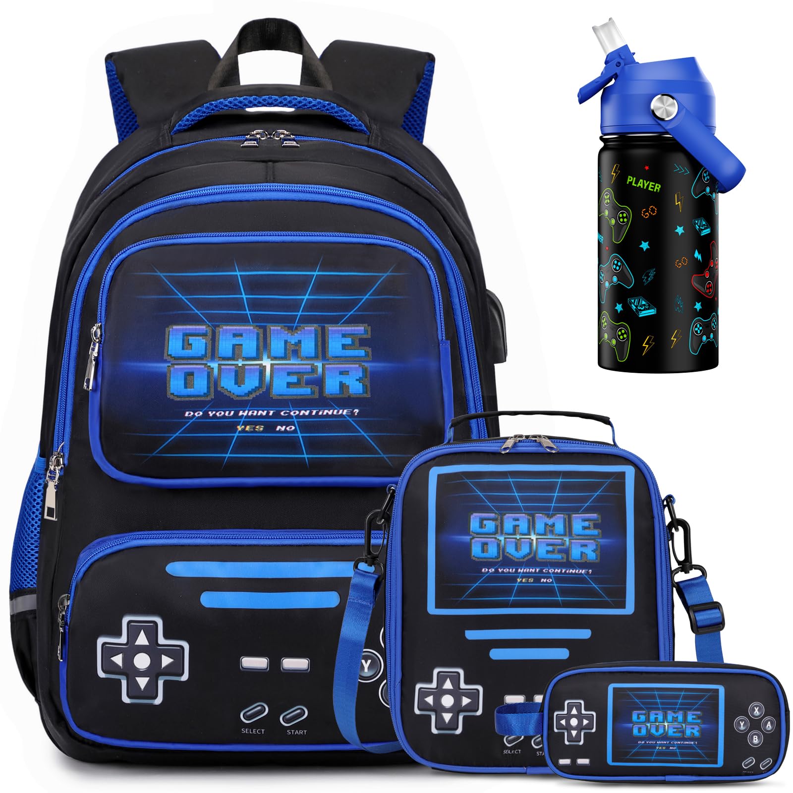 Gamer Luminous Boys Backpack with Lunch Bag Pencil Case 14oz Insulated Bottle BPA-FREE Double Tumbler 18 8 Stainless