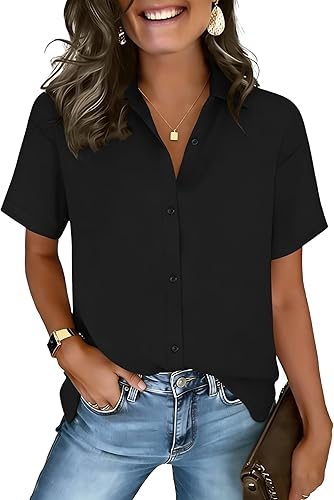 ZEAGOO Camisa con botones para mujer, blusas de manga corta, elegantes, informales, para negocios, trabajo, verano, trajes de vacaciones a la moda