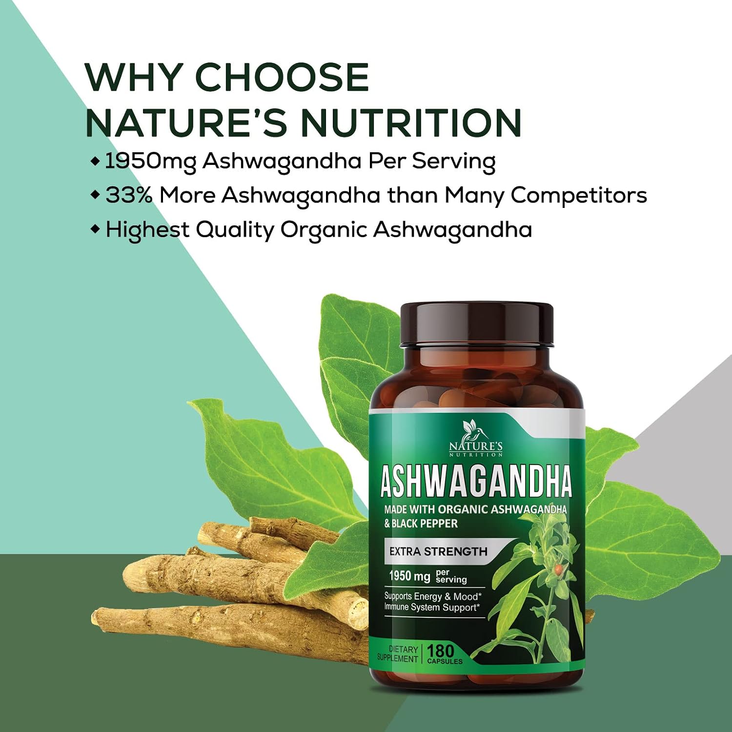 Organic Ashwagandha Capsules - Pure Organic Ashwagandha Powder & Root Extract Capsules - Extra Strength Stress Support Plus Thyroid Support Supplement - Vegan, Gluten Free, Non-GMO - 180 Capsules