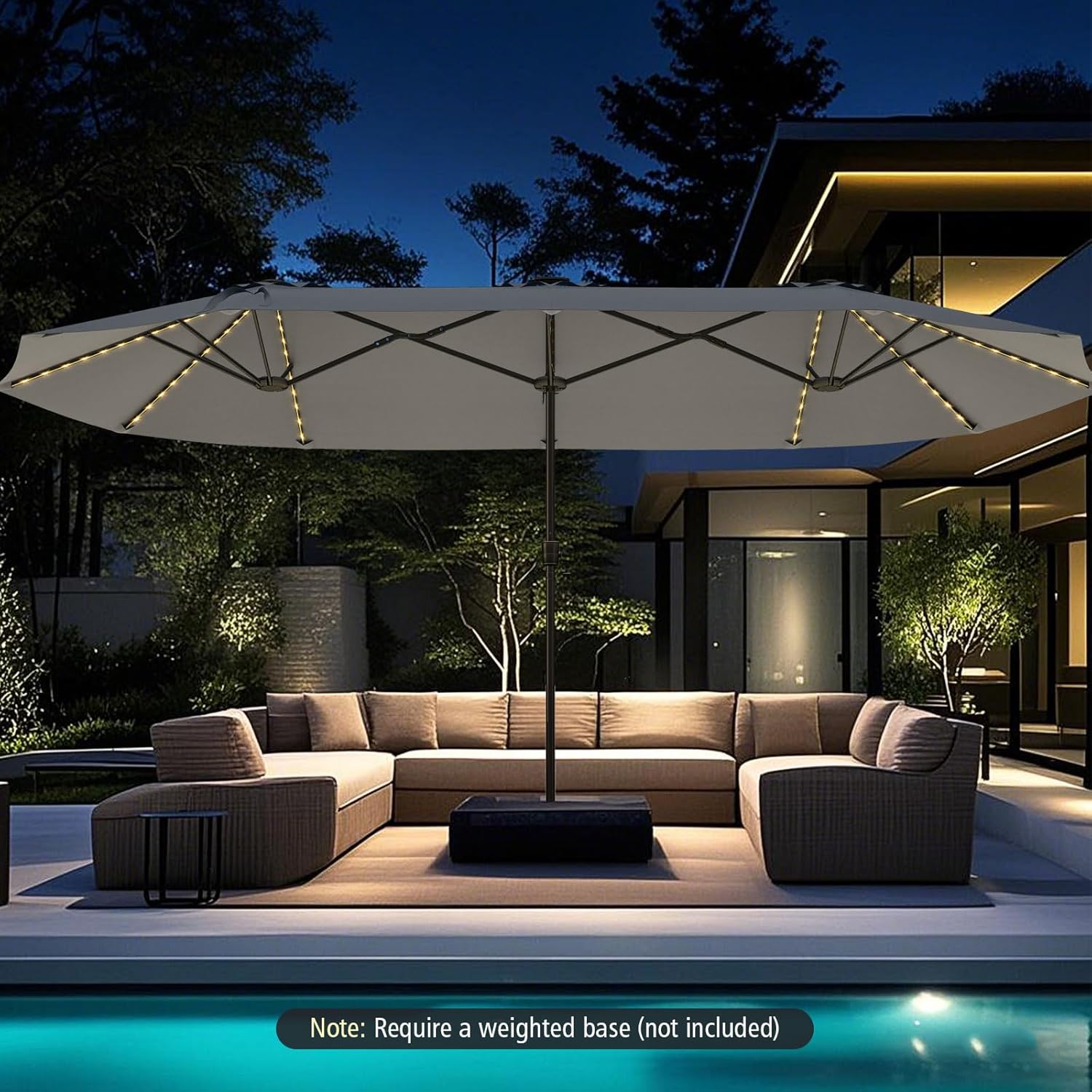 Tangkula 15.5 FT Extra-Large Patio Umbrella w/LED Solar Lights, Crank Handle, 12 Heavy-Duty Ribs, Outdoor Double-Sided Market Umbrella Rectangular Twin Parasol for Garden Deck Lawn Poolside (Grey)