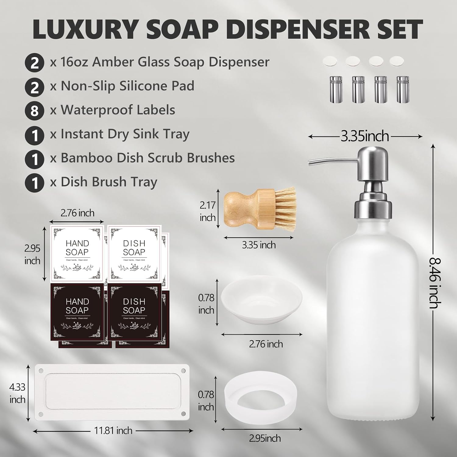 Dish Soap Dispenser Set for Kitchen 16oz Glass Bottle with Stainless Steel Pump, Instant Dry Tray, Perfect for Kitchen Decor and Bathroom Accessories, Women’s Gifts for Christmas