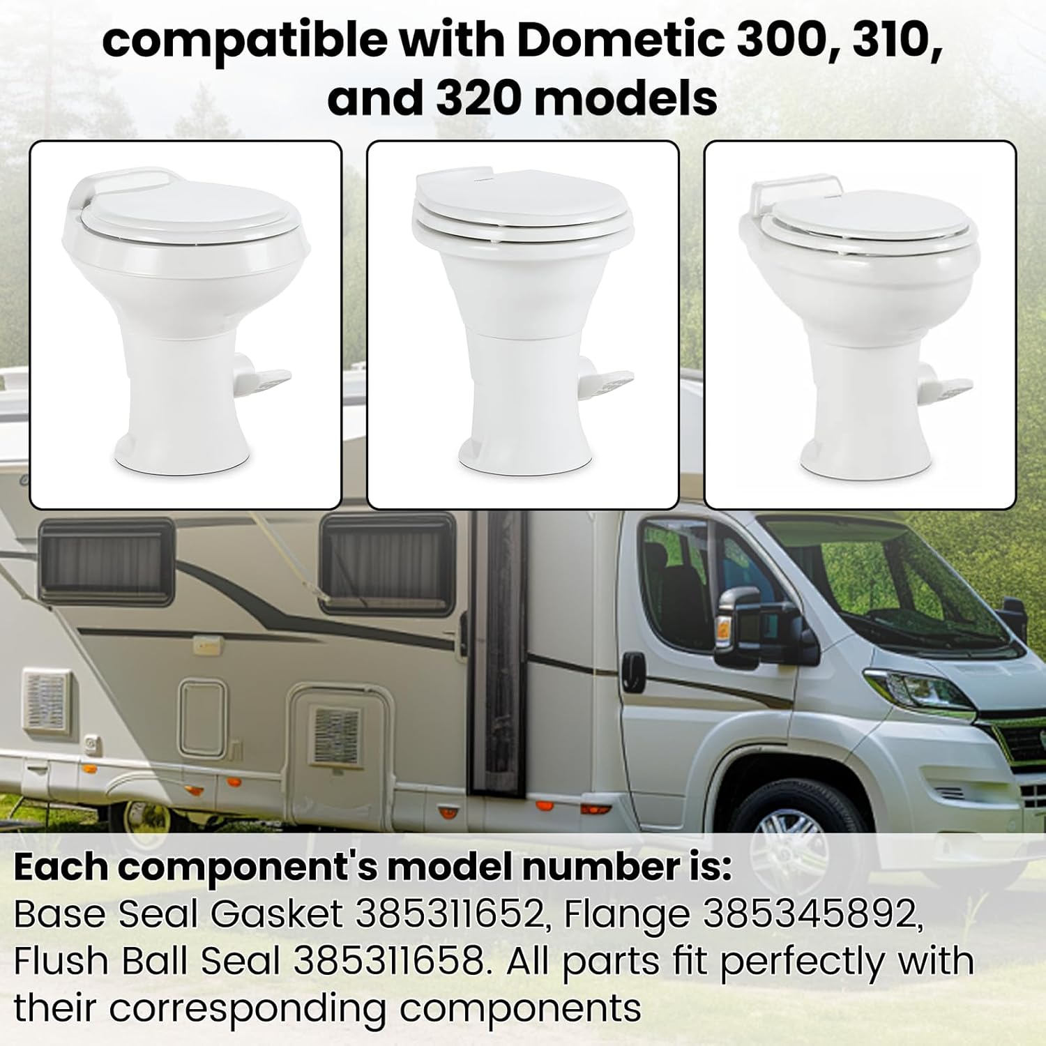 RV Toilet Seal 3" Socket Floor Toilet Seal Kit for Dometic 300 310 320 Toilets- Includes 385311652 Base Seal Gasket, 385345892 Flange, 385311658 Flush Ball Seal and Installation parts - 3 in 1
