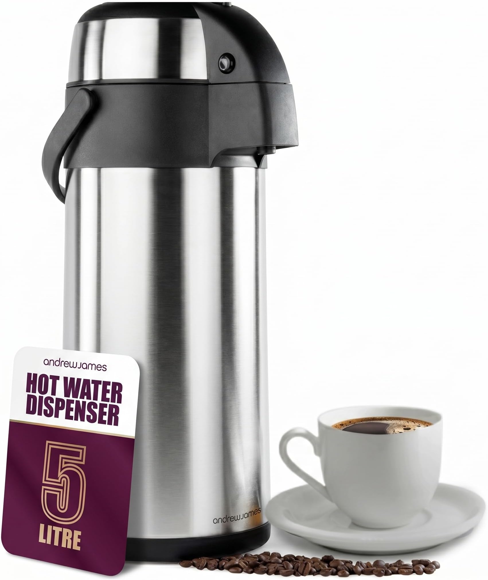 Andrew James Thermal Coffee Carafe, 5L Airpot, Double Walled Insulation, Stainless Steel Pump Action Hot Water Dispenser, Insulated Tea & Coffee Flask, 360° Rotating Base, Carry Handle & Safety Lock