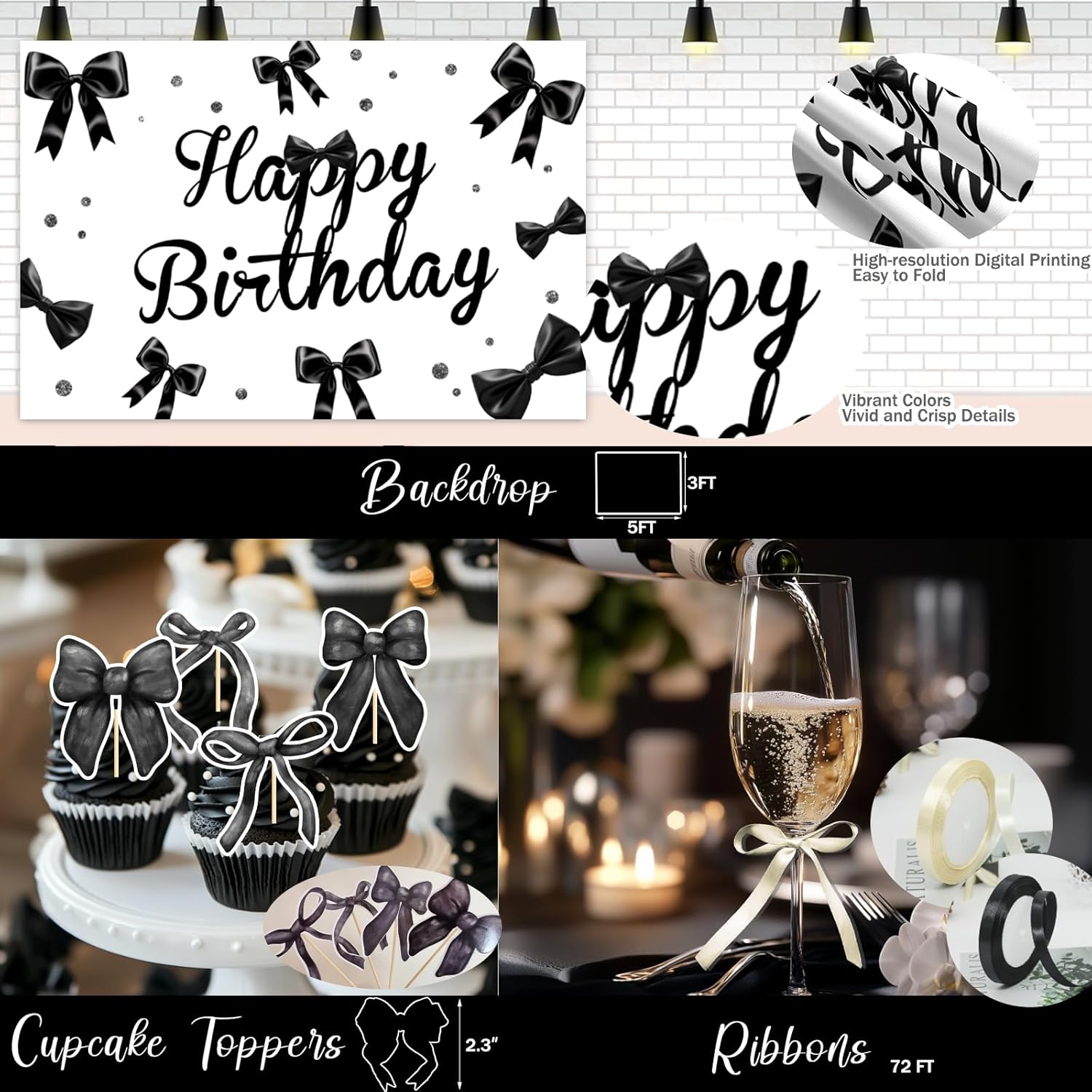 Black Bow Birthday Decorations – 110 PCs Black Bow Themed Party Supplies with Backdrop, Tablecloth, Cake Topper, Banner, Cupcake Toppers, Ribbons, Balloon Garland - Image 4