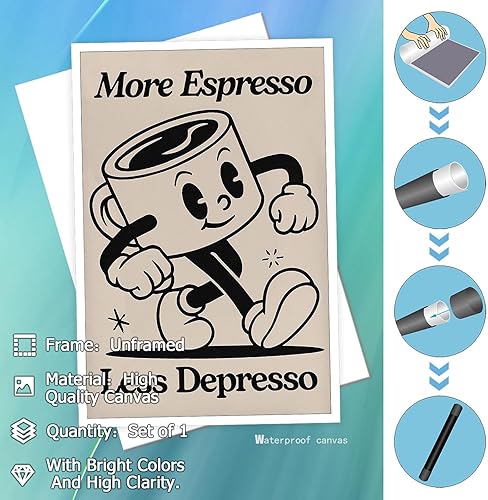 Miniatura 2 de Taza de café negra retro para bebidas, arte de pared, expreso, con citas de menos depresso, carteles de lienzo, bonitos estampados de barra de café,