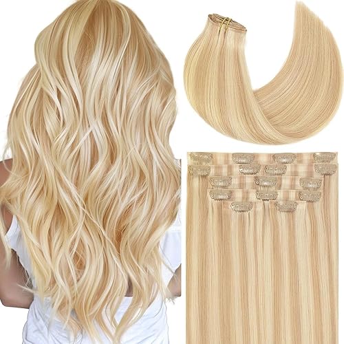 Clip in Hair Extensions 100% Remy Human Hair New Technology PU Weft Seamless Hair Extensions Natural Straight Light Golden Brown Mixed With Platinum Blonde Piano #12/60A 14inch 110gram 7pcs