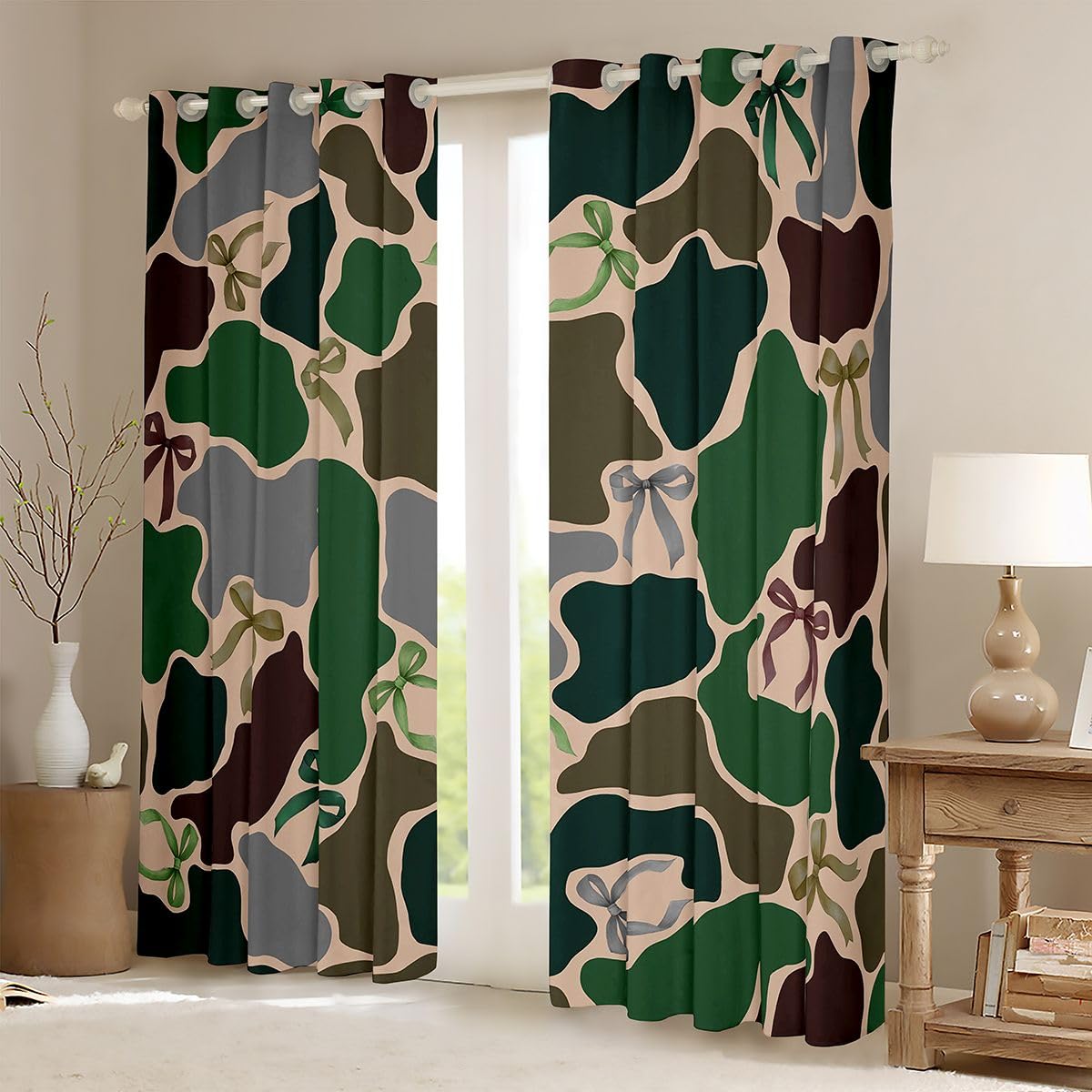 Homewish Zielone zasłony okienne moro, 117 x 183 cm, 2 zestawy paneli – vintage kokarda, moro, zasłony zaciemniające, nowoczesne, modne, kokarda, wstążka, zasłony okienne, zasłony w stylu wojskowym