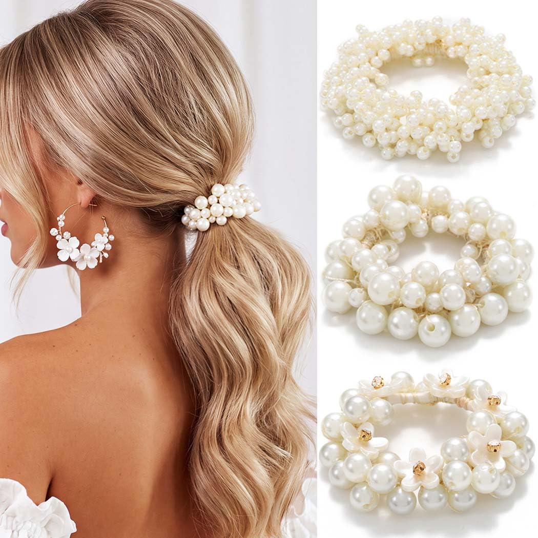 Fashey 3 coleteros de perlas con diamantes de imitación, coleteros elásticos para el pelo con cuentas, accesorios para el cabello para mujer (tipo A)