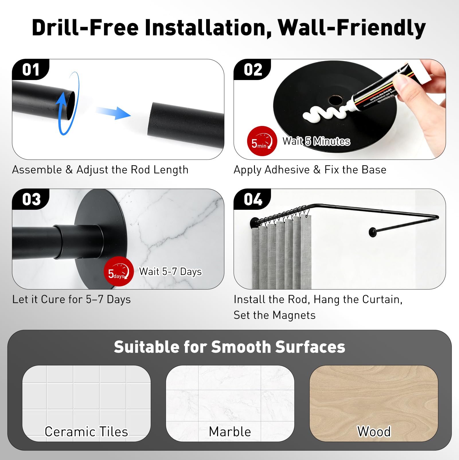 Tringle Douche en U Sans Perçage, Barre Extensible avec Kit Rideau Douche | Kit Complet avec Rideau Douche Imperméable, Anneaux et Colle Sans Clou pour Douche d'angle, Petites Salles de Bain, Vestiaire