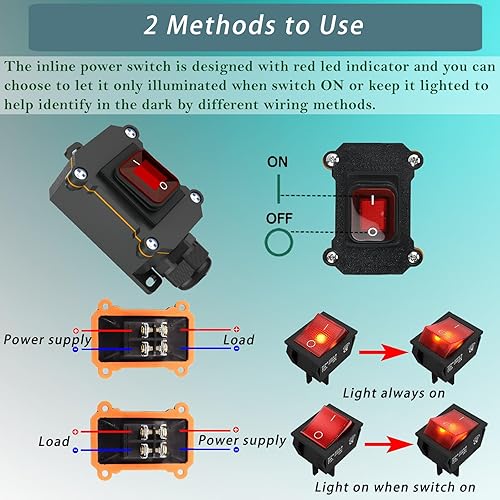 Miniatura 9 de KarlKers - Interruptor de cable en línea de 12 V IP67 impermeable, interruptor de palanca de encendidoapagado para exteriores CC 12 V-24 V con botón