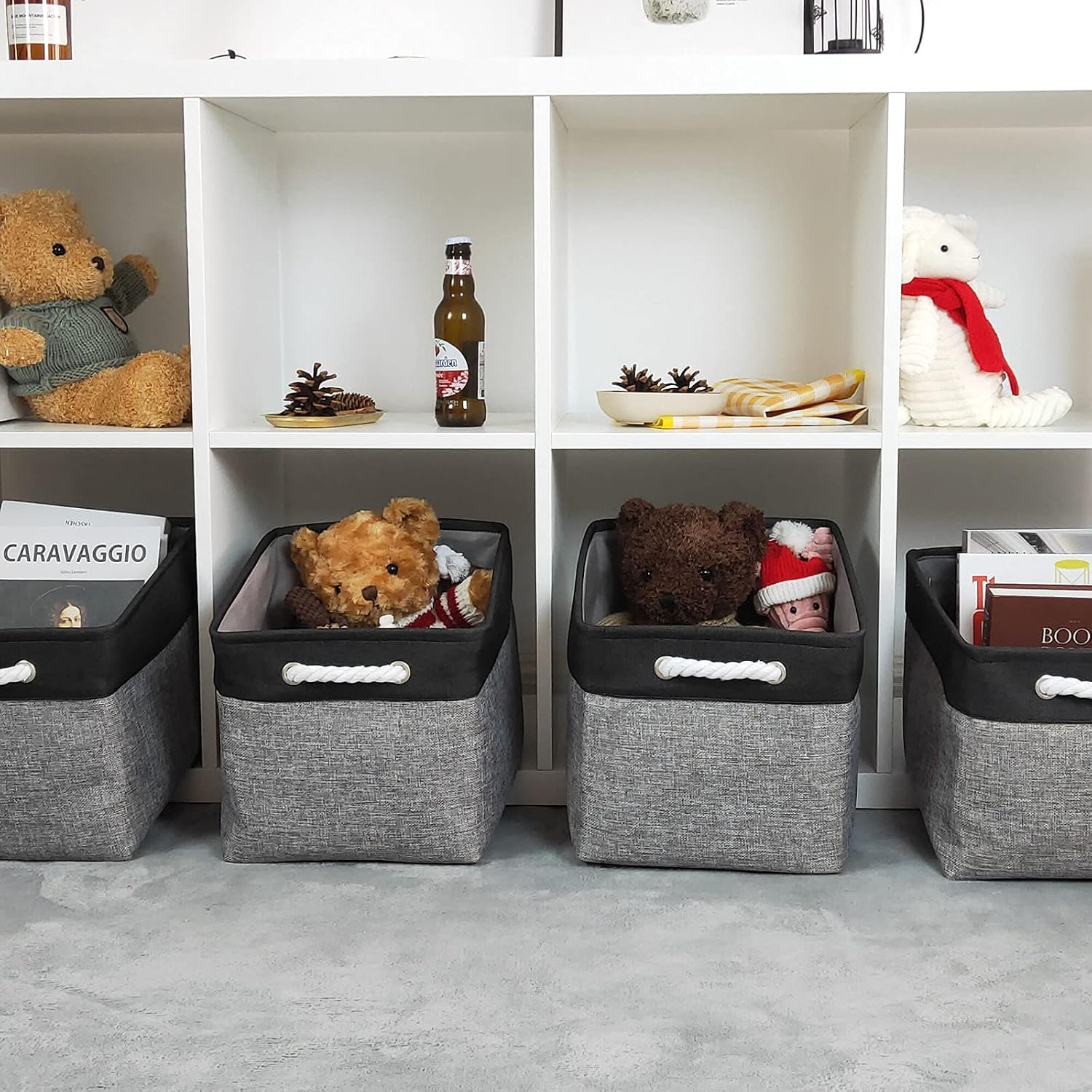 Storage Baskets Large Fabric Baskets [4-Pack] Sturdy Storage Bins with Handles, Baskets for Organizing Toys, Portable Baskets for Shelves, Shelf Baskets for Nursery (Black&Gray, 15(L)x10(W)x9(H)-4PCS)