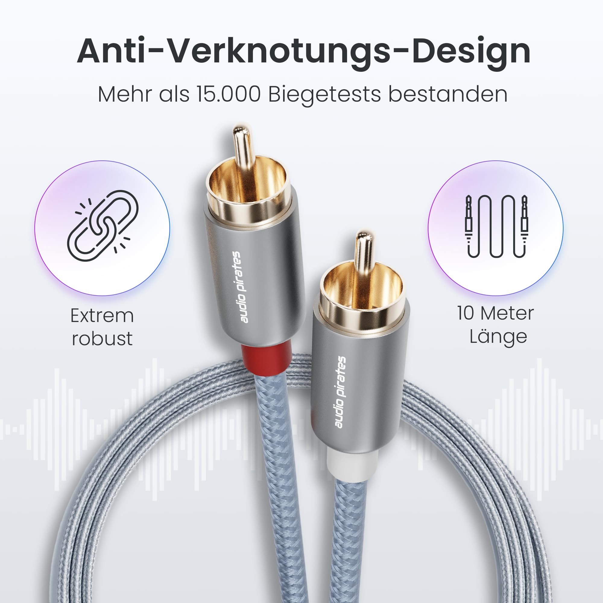 audio pirates Cable RCA 2 x 2 RCA (10 m) – Cable de audio coaxial con conectores chapados en oro de 24 K, cobre OFC y doble blindaje – Cable de altavoz para subwoofer, coche, HiFi & Studio