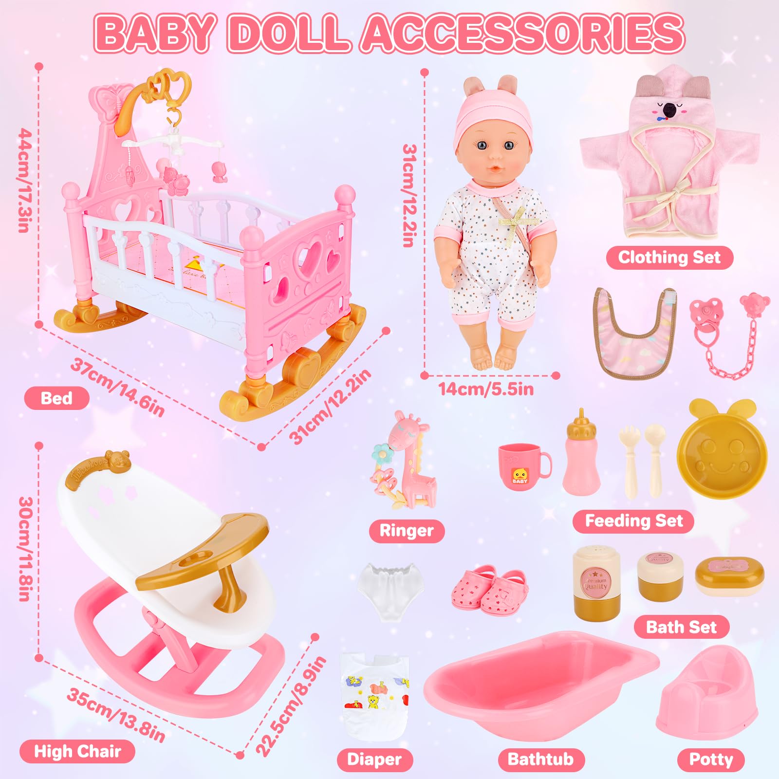 deAO Bambola con Accessori Set 21 Pezzi, Regalo per Bambine 3 Anni | Seggiolone, Lettino a Dondolo, Bambola Baby da 30 cm, Biberon, Ciuccio, Pannolino, Stoviglie, Vestitini, Gioco di Ruolo