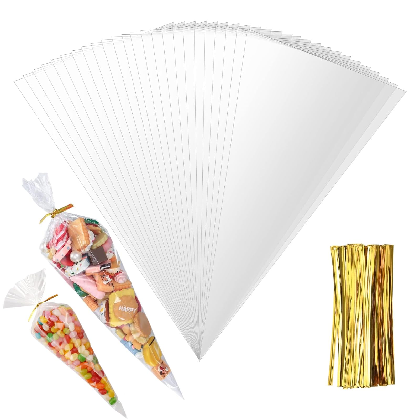250 Pcs Sweet Cone Bags with 8 cm Gold Twist Ties, 16 x 30cm Crystal Clear Cellophane Treat Bags, Triangle Bags Snacks Wrapping Resealable for Candy Cookie Chocolate Nuts Gifts