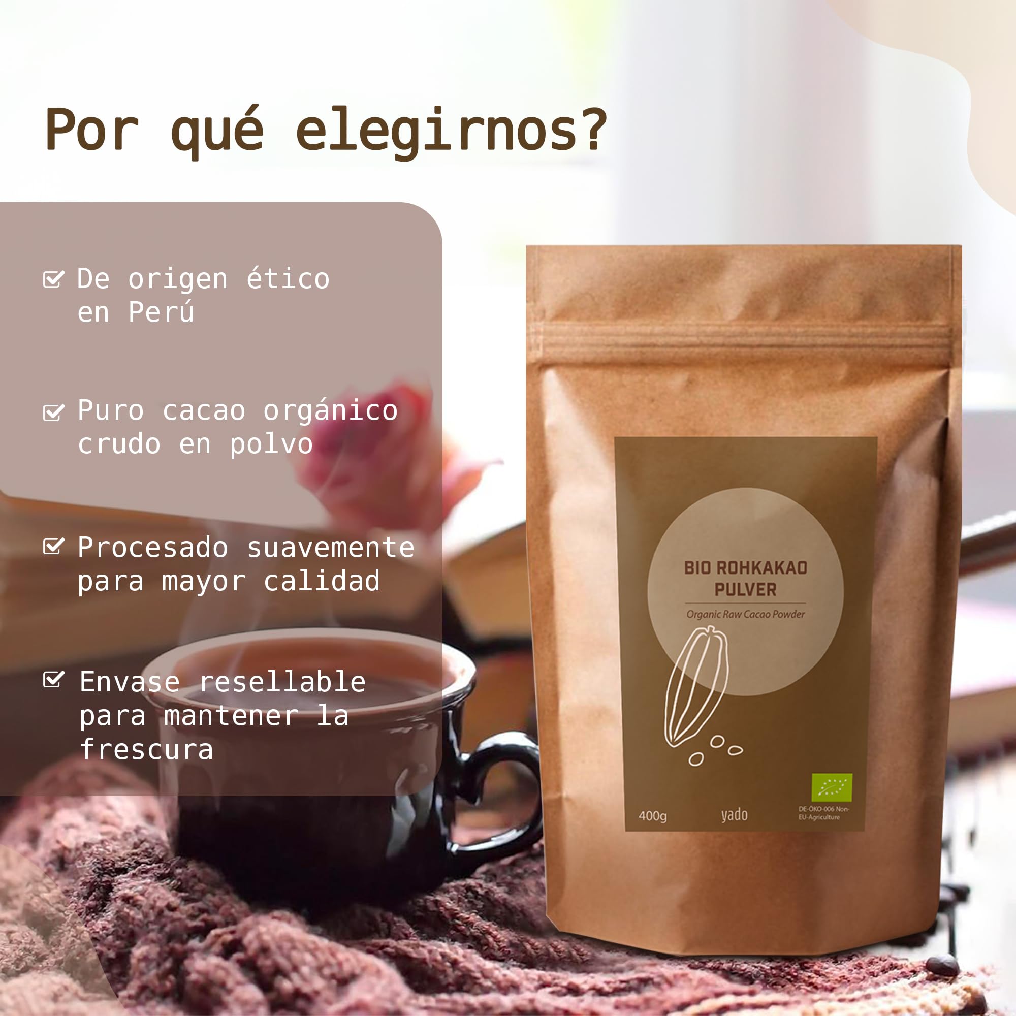 ROHKAKAO | 100% Theobroma cacao puro de Perú | Ecológico - Orgánico | Crudo | yado (1000 g)