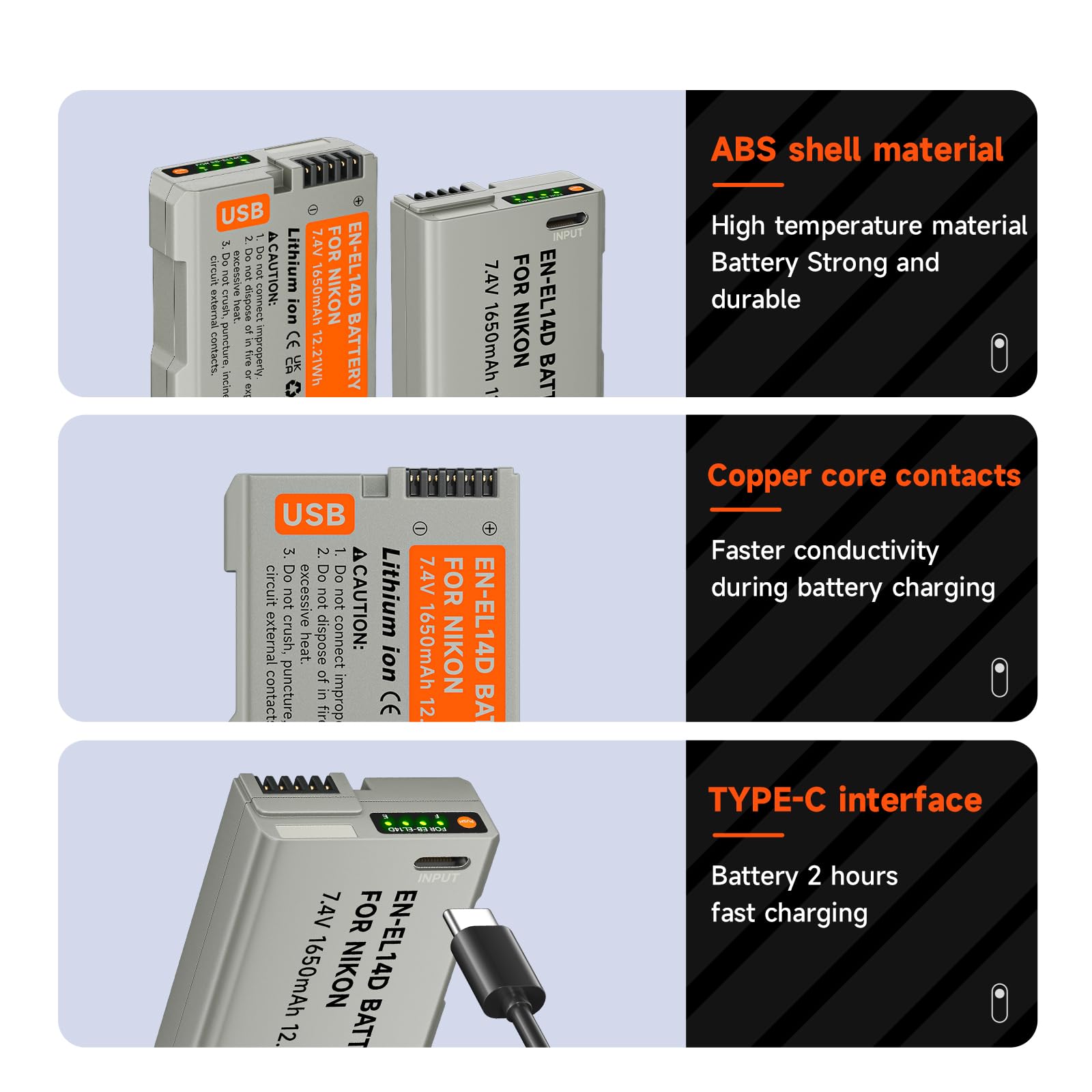 ENEL14 Batteria di Ricambio per Nikon D5600, D5100, D5200, D5300, D5500, D3200, D3200, D3400, D3500, Coolpix P7100, P7200 (2Pcs)