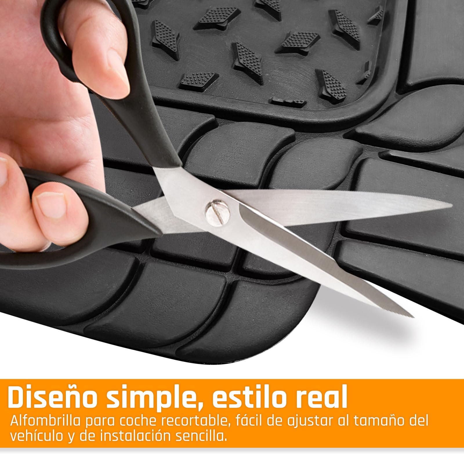 Alfombrillas de Goma Universales para Coche, Alfombrillas de Caucho Antideslizantes Ajustables, Juego 4 Piezas, Delanteras 44,5x72 cm, Traseras 43,5x43,5 cm, Color Negro