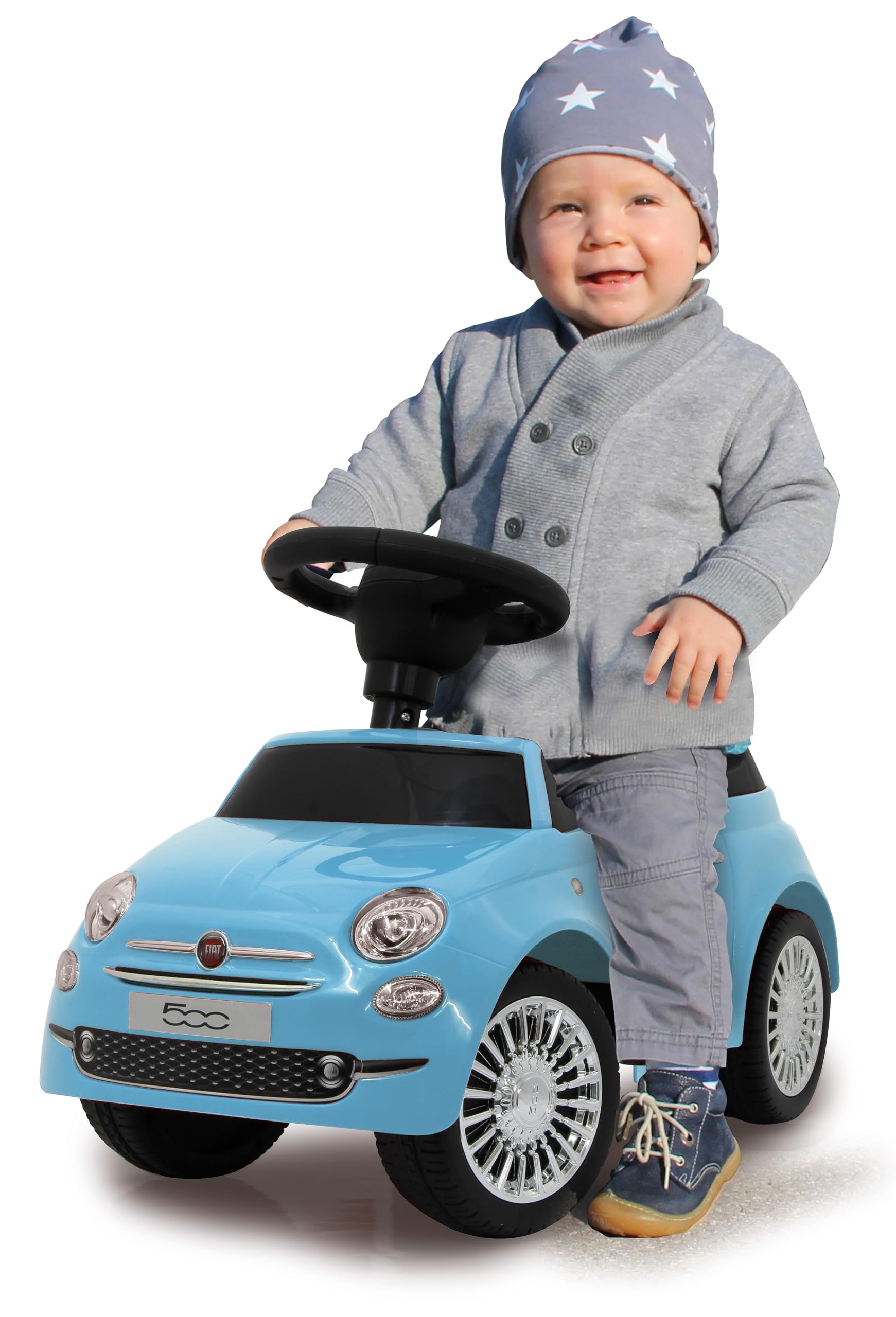 Jamara 460327 - Push-Car Fiat 500 blu – Bagagliaio sotto il sedile, Maniglia per spinta e sostegno, Clacson, Protezione da ribaltamento