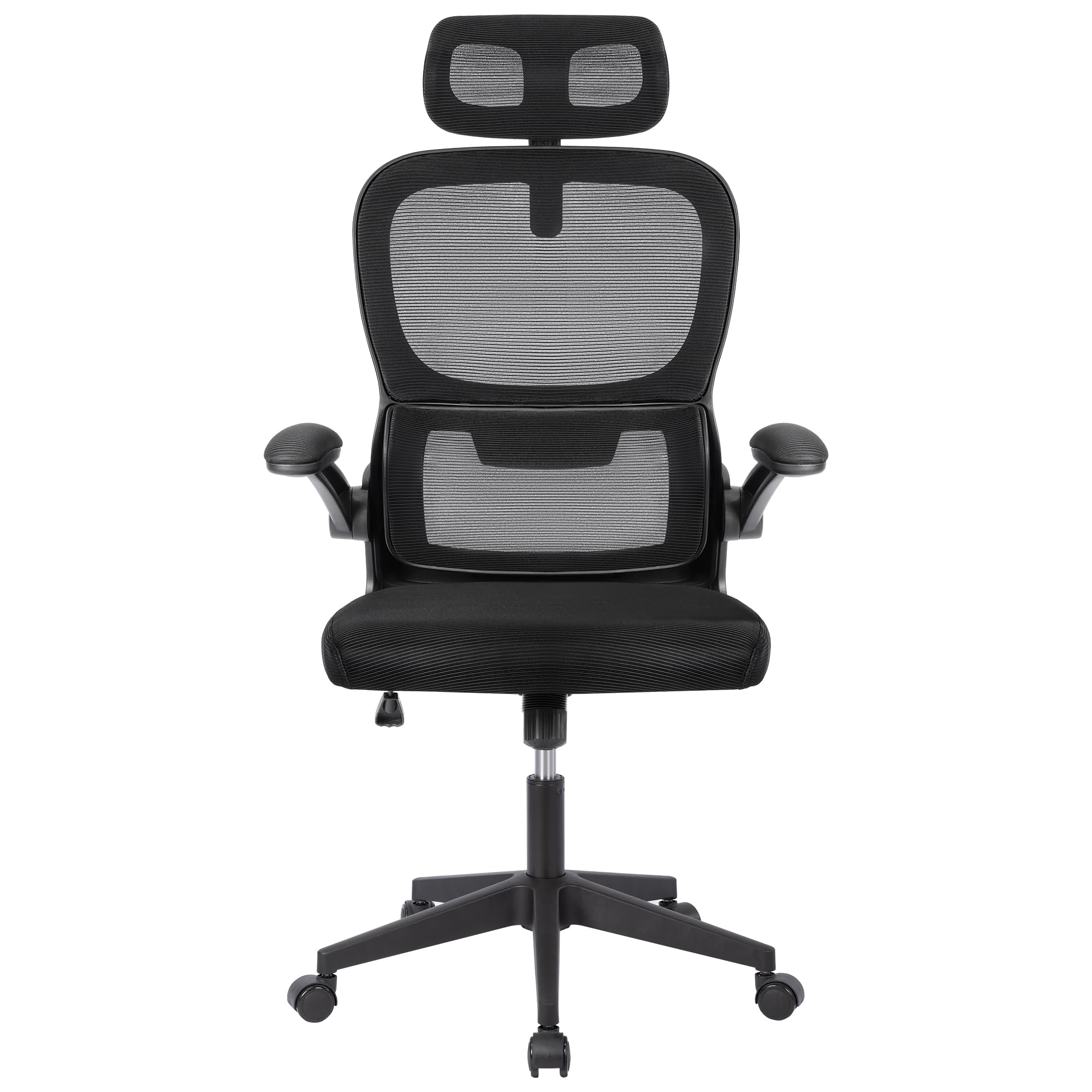 Silla de oficina ergonómica con respaldo de malla transpirable y reposacabezas ajustable | Asiento acolchado, reposabrazos abatibles y base resistente con ruedas giratorias | Diseño moderno