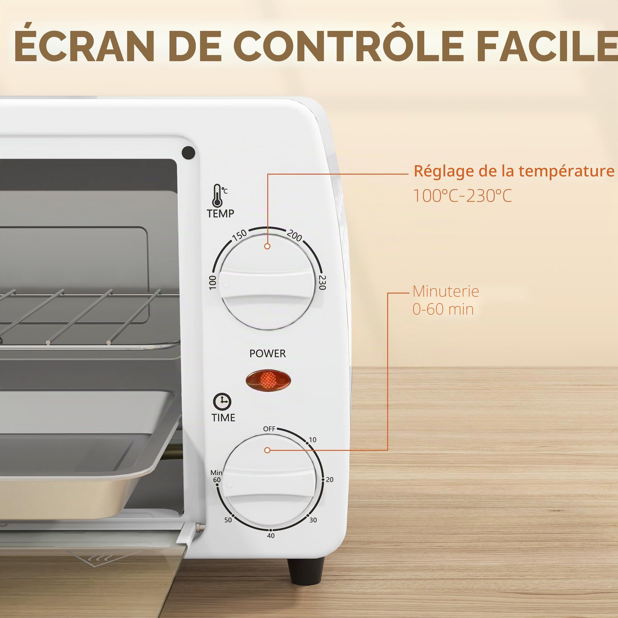 HOMCOM Four électrique de table 10 litres 750 W Petit four électrique avec température jusqu'à 230 ℃ Minuteur 60 minutes Plateau et grille 36,5 x 26 x 22 cm Blanc