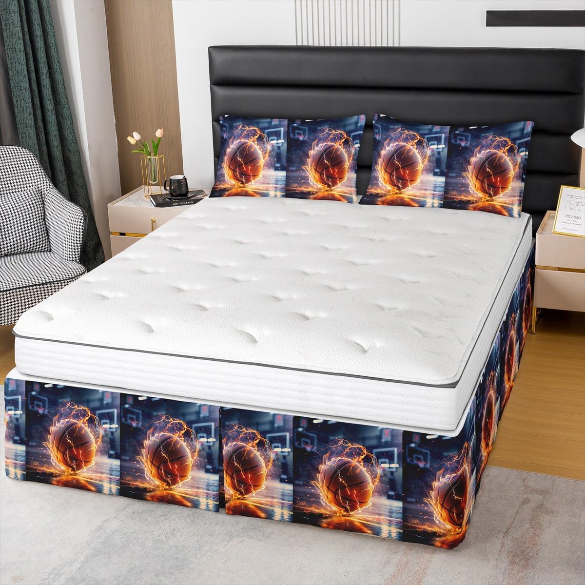 Feelyou Kids Boys Girls Basketball Bed Skirt Queen for Toddler Teens, Basketball Sports Bedskirt Gaming Basketball Bed Wrap Sheet Set Ball Games Dust Ruffle Pleated Bedskirt 3pcs with 2 Pillowcases