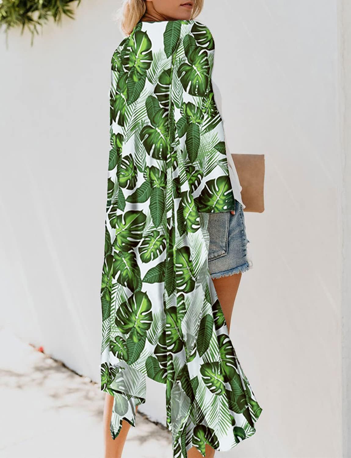 Women's Tropical Leaf Print Boho Beach Long Swimsuit Kimono Cover Ups Summer Chiffon Cardigans Dusters Hawaiian Maternity Tops Sheer Thin Green White Small image 2
