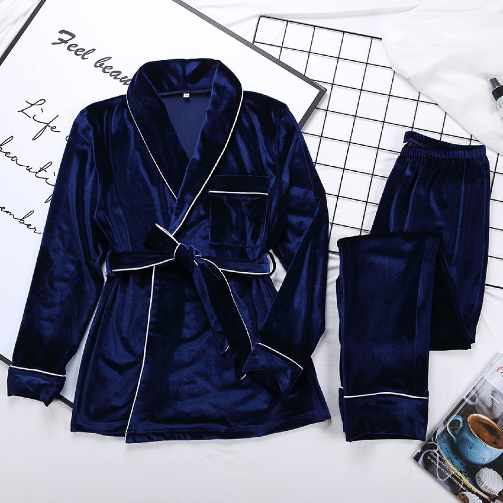 Conjunto De Dos Piezas De Pijama De Manga Larga para Mujer, Conjunto De Cárdigan Cálido Y Cómodo, Camisón Sexy para Mujer,Blue,XL