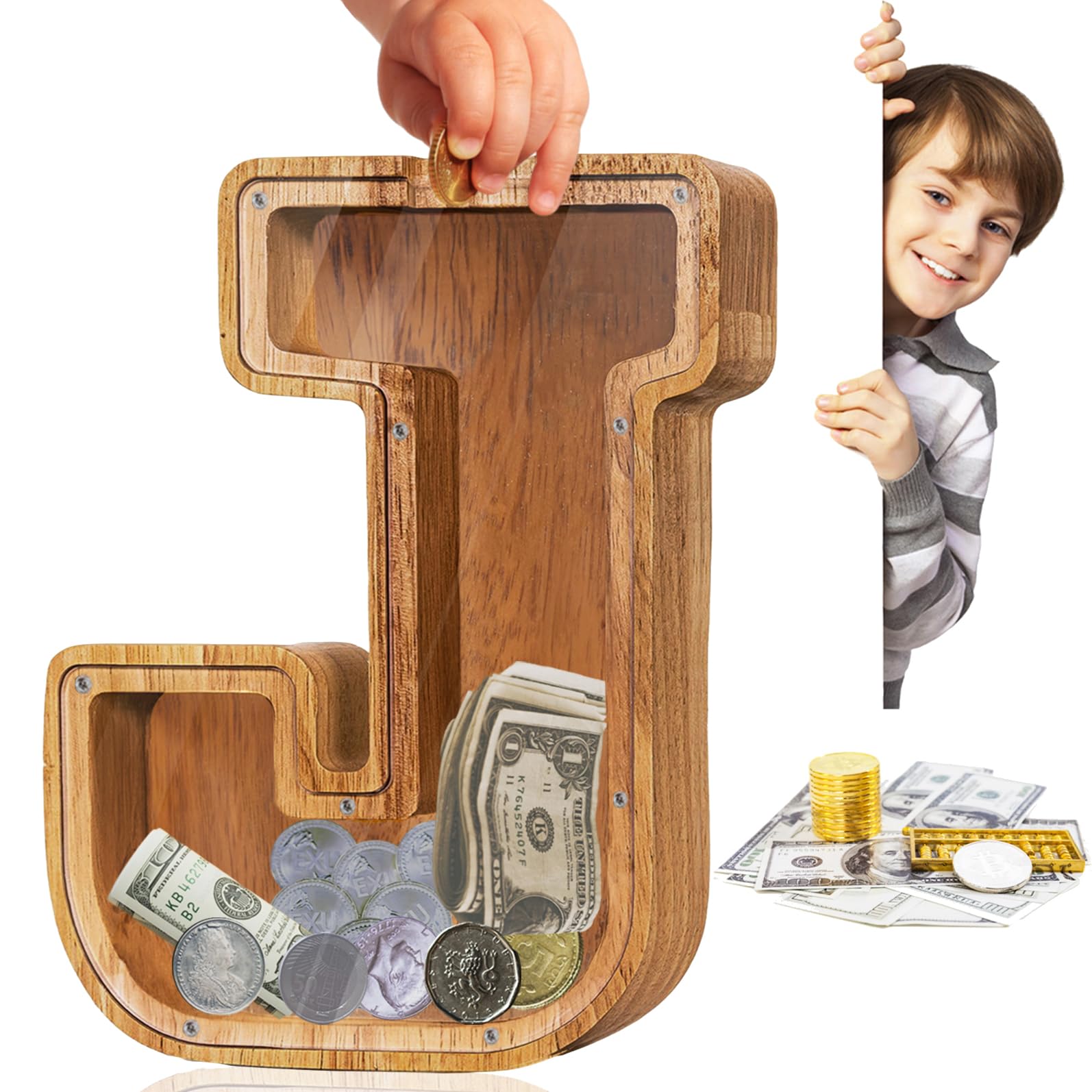 Personalized Large Wooden ' Letter Piggy Bank - Letter Piggy Bank for Boys & Girls, Coin Bank Birthday Gift（J）