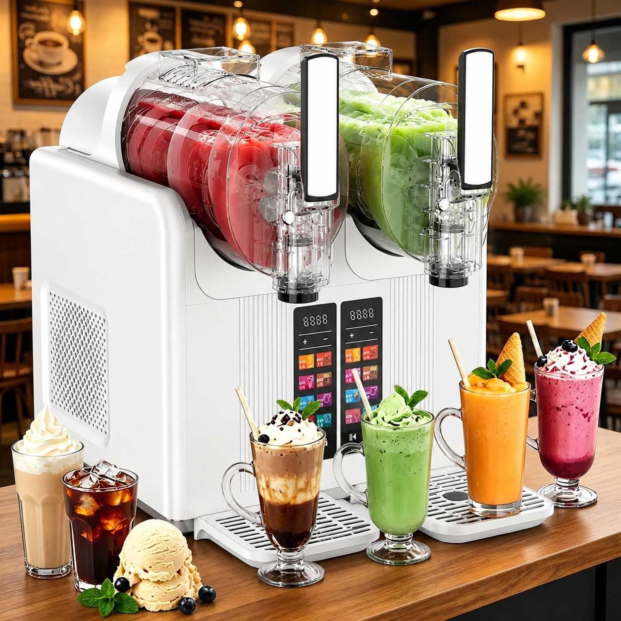 Máquina De Granizados Y Helado Soft, Doble Tanque 2 X 2 L Para Hogar/Comercio, Sin Hielo, Enfriamiento Rápido, Temperatura Regulable, Pantalla Táctil,Para Margaritas Y Frappés, Negra white