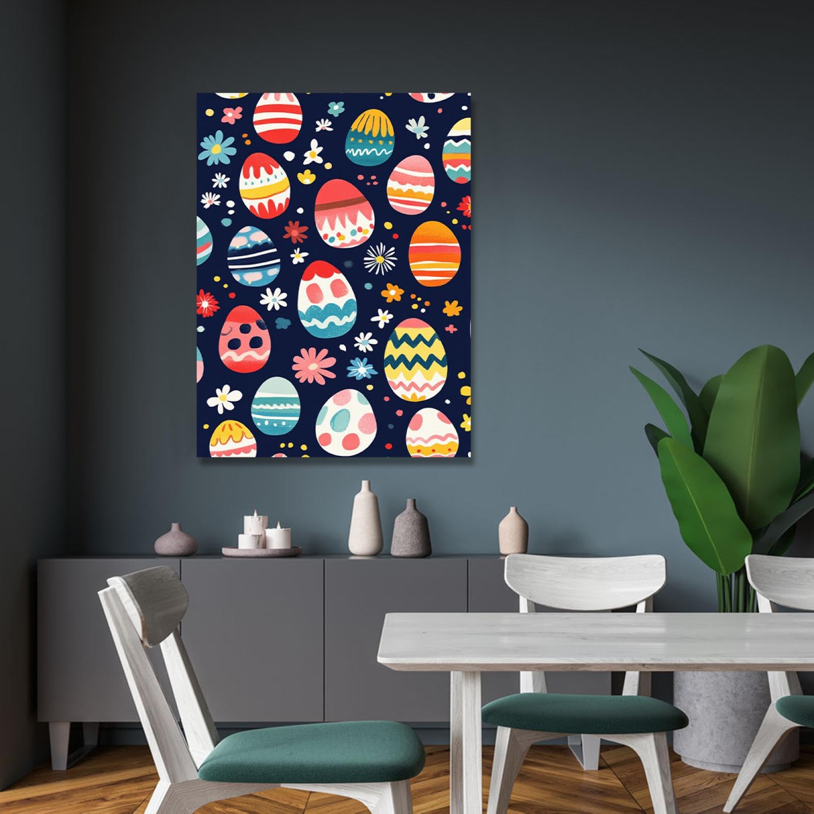 Kreskówka styl anime płótno malarstwo ścienne kolorowe pisanki i dzikie kwiaty plakat malarstwo wzór do salonu dekoracja domu 70 x 100 cm rama wewnętrzna